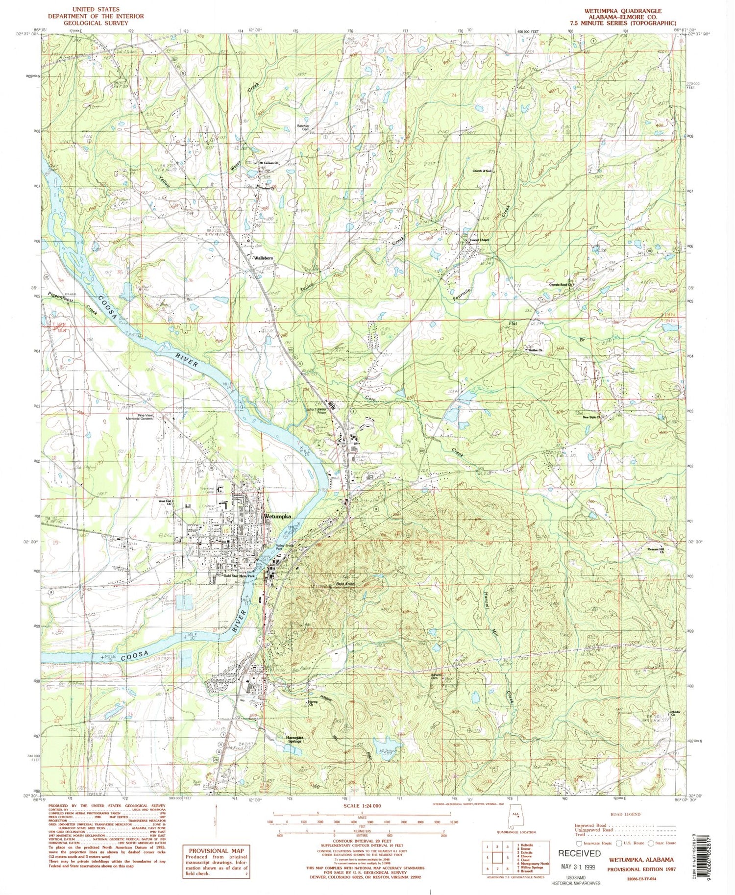 Classic USGS Wetumpka Alabama 7.5'x7.5' Topo Map Image