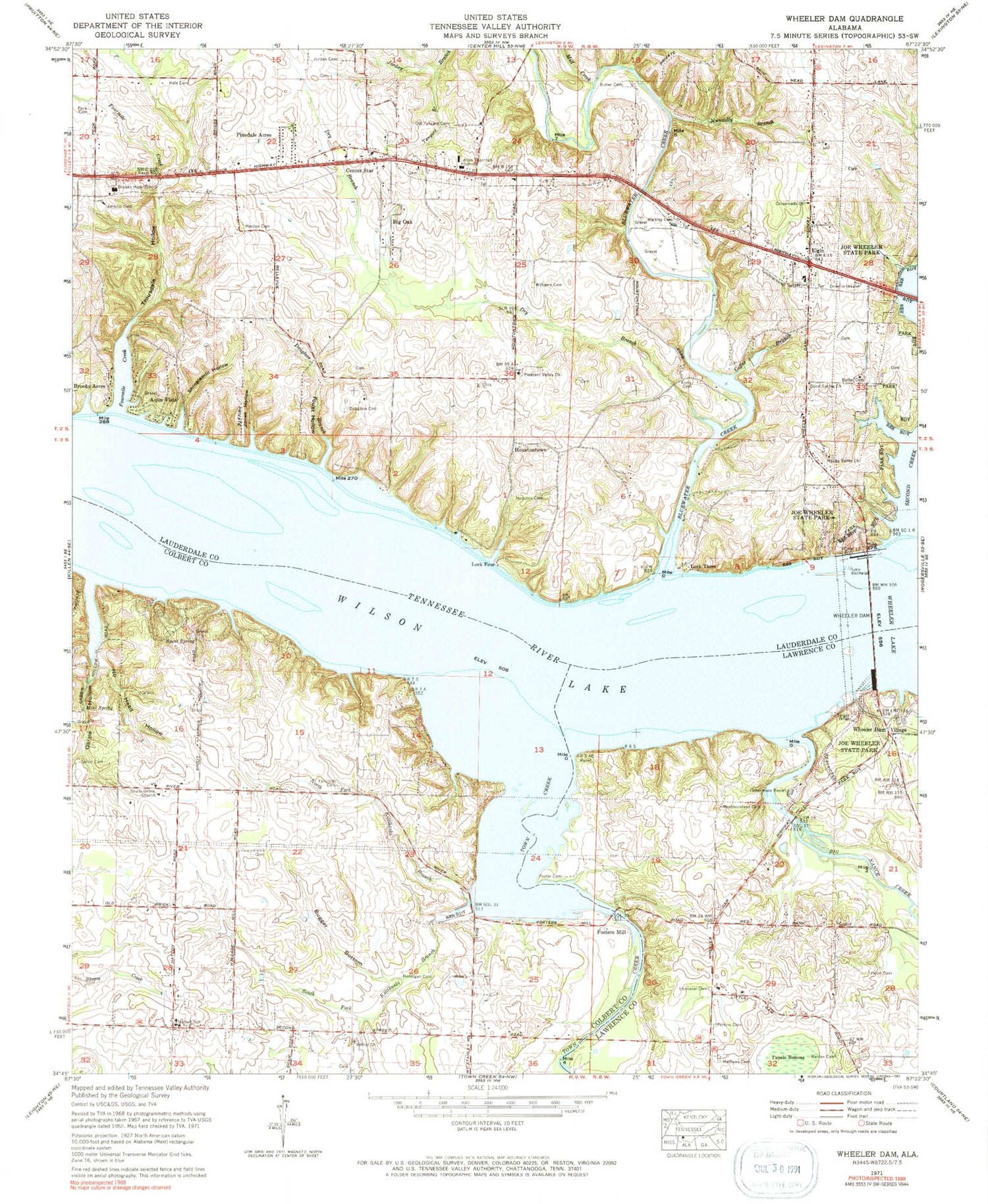 Classic USGS Wheeler Dam Alabama 7.5'x7.5' Topo Map Image