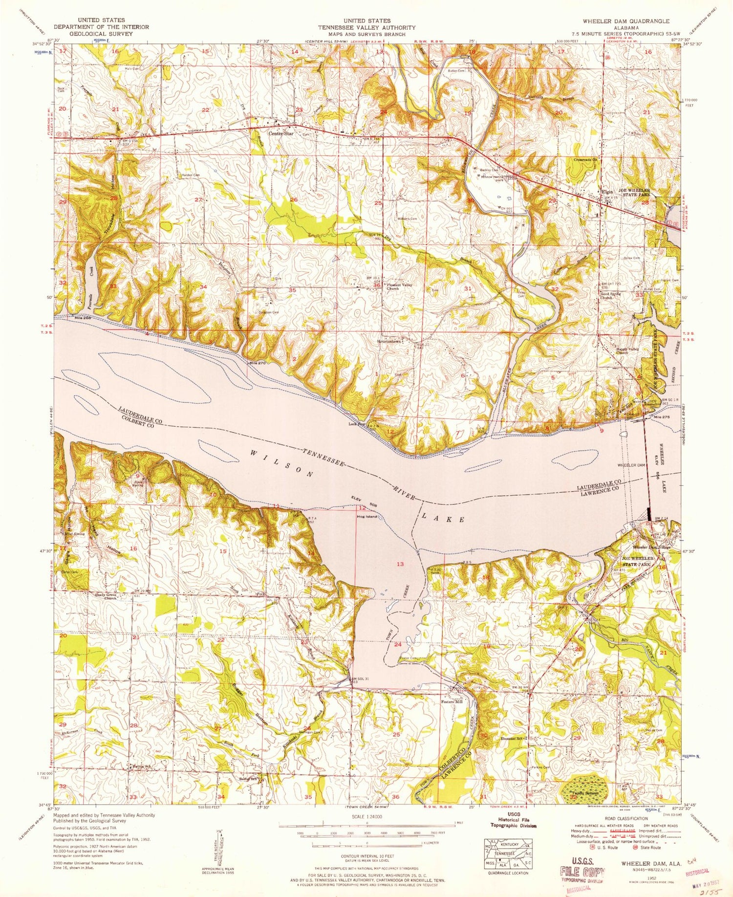 Classic USGS Wheeler Dam Alabama 7.5'x7.5' Topo Map Image