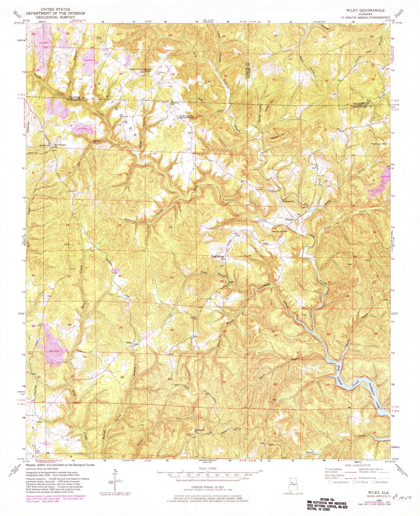 Classic USGS Wiley Alabama 7.5'x7.5' Topo Map Image