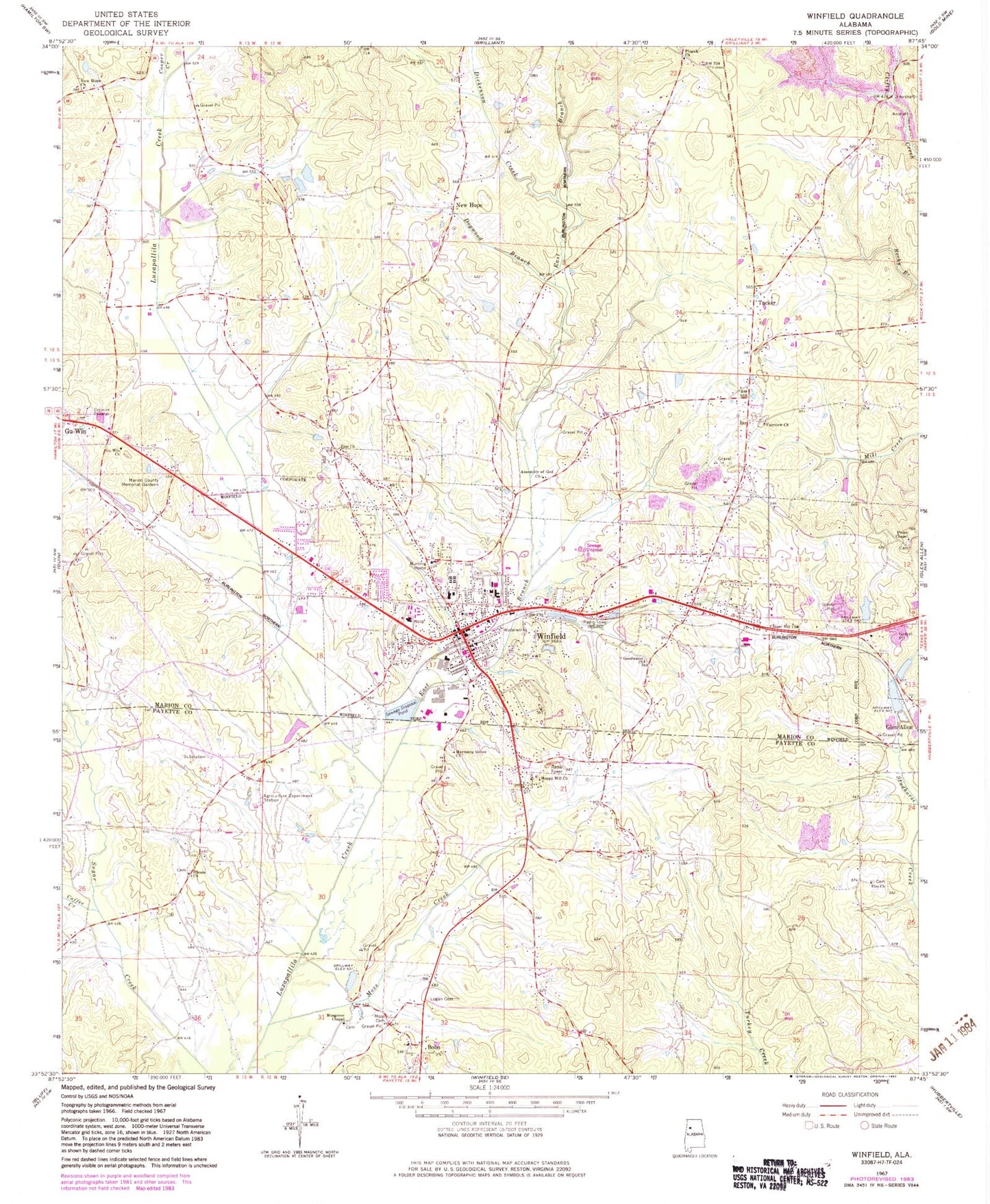 Classic USGS Winfield Alabama 7.5'x7.5' Topo Map Image