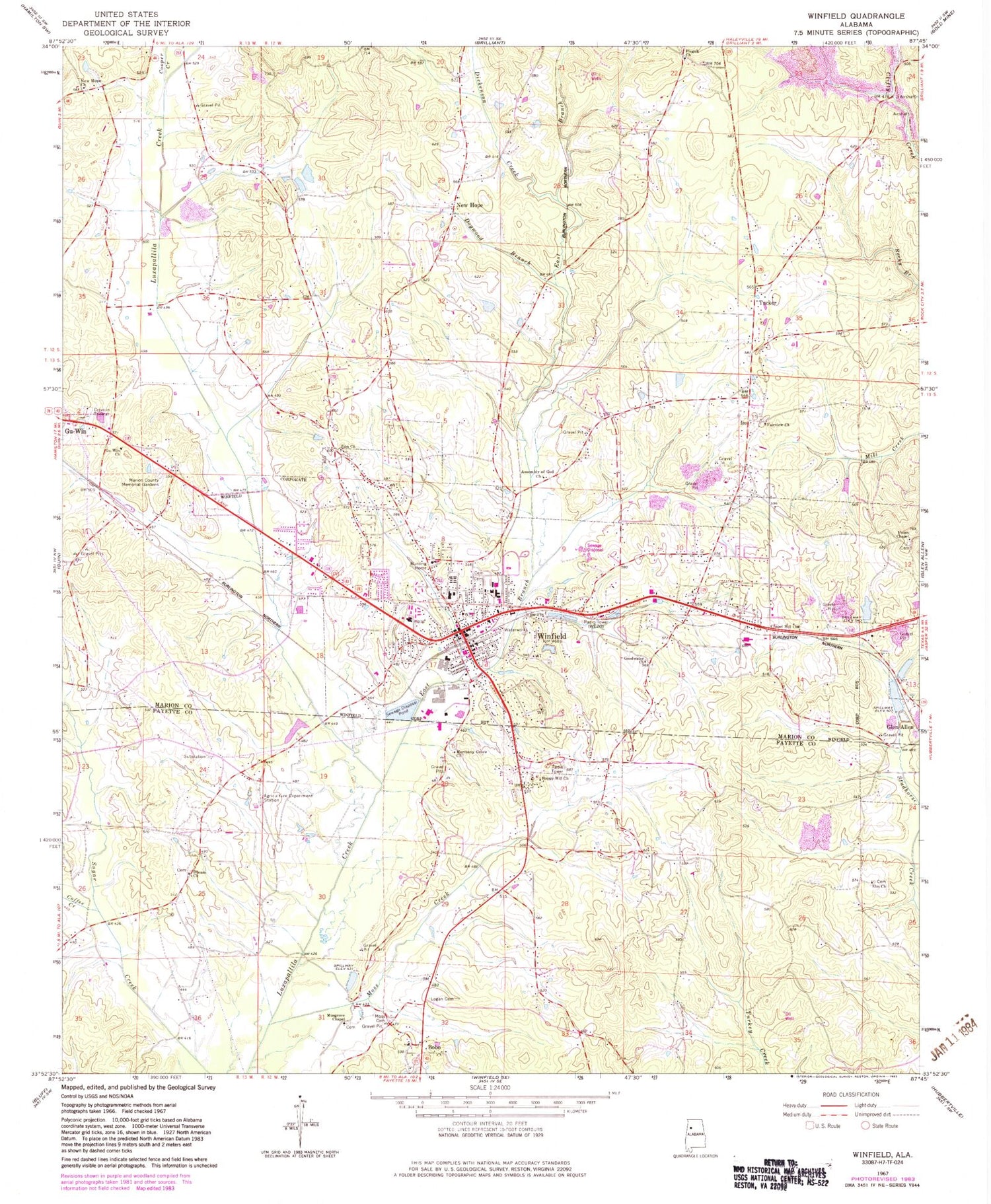 Classic USGS Winfield Alabama 7.5'x7.5' Topo Map Image