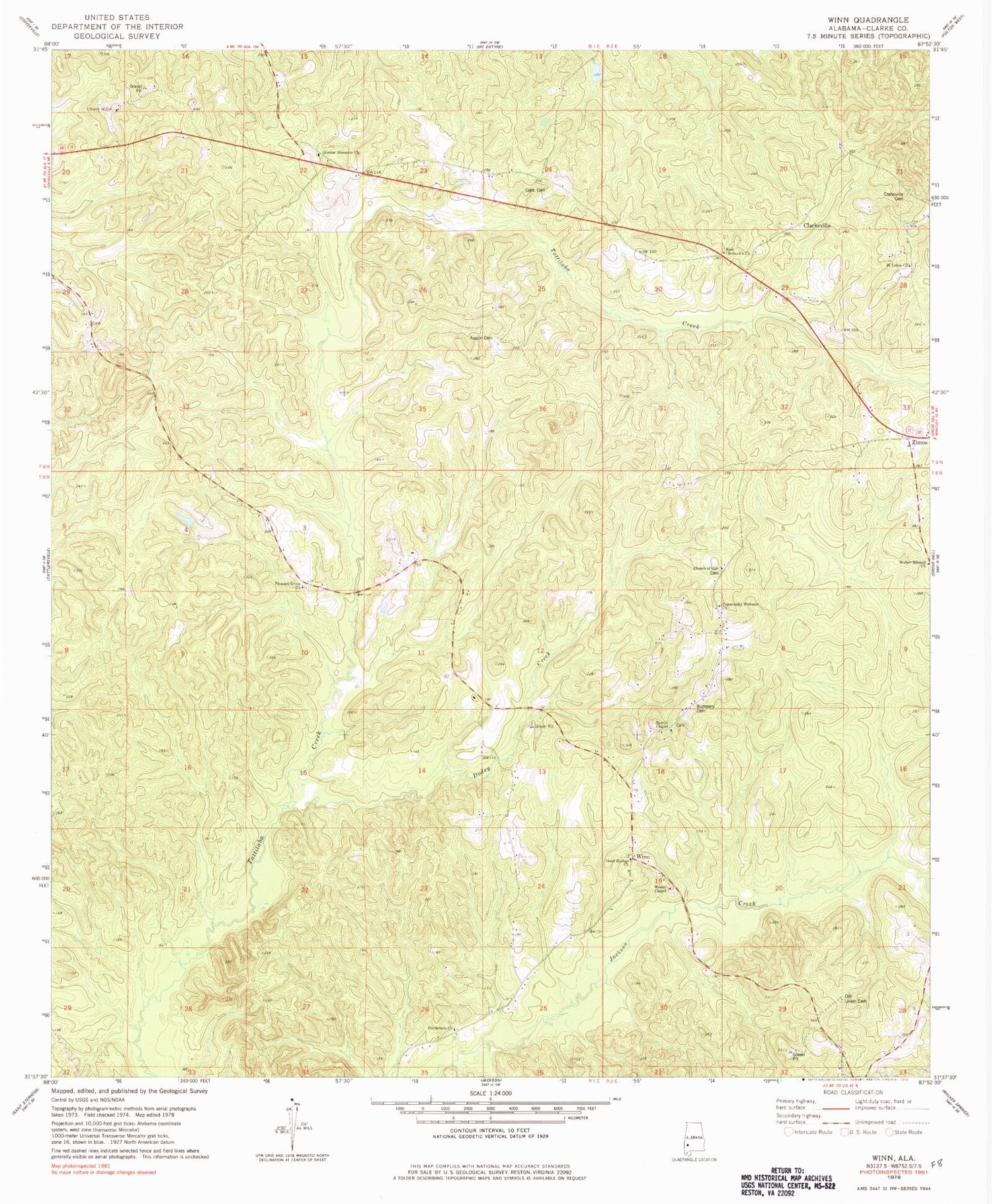 Classic USGS Winn Alabama 7.5'x7.5' Topo Map Image