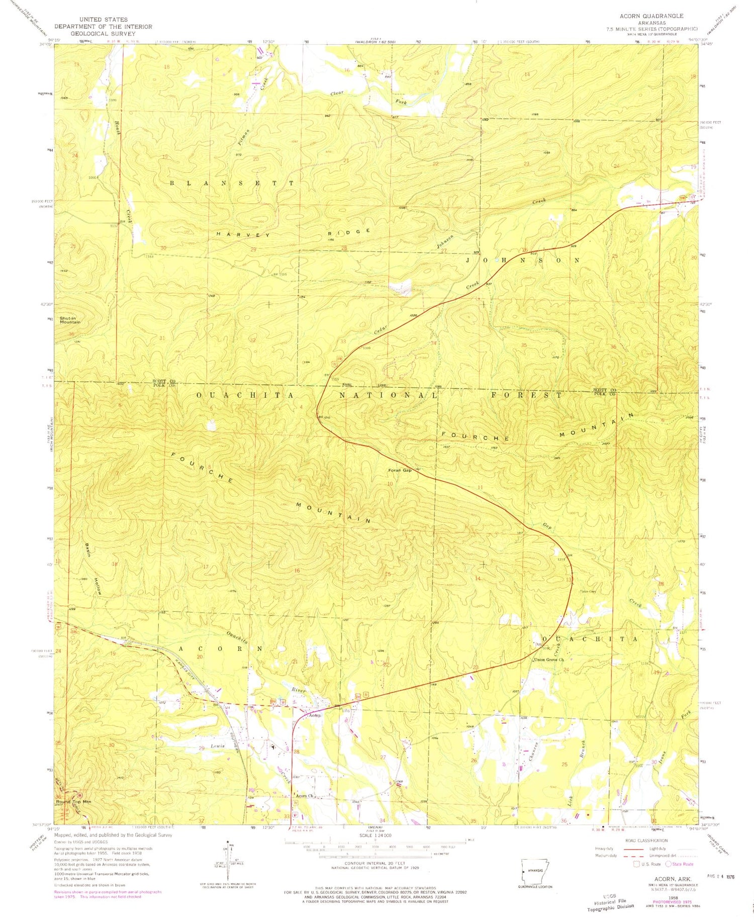 Classic USGS Acorn Arkansas 7.5'x7.5' Topo Map Image