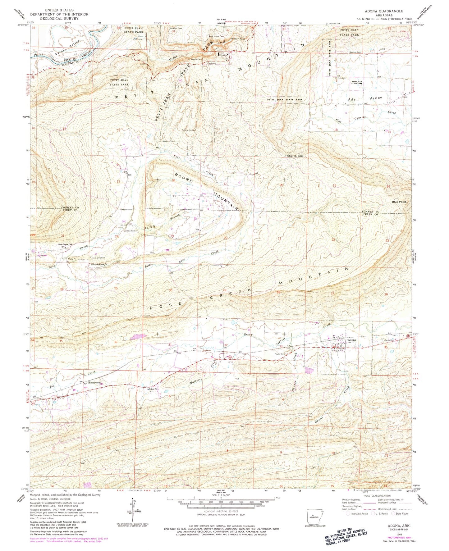 Classic USGS Adona Arkansas 7.5'x7.5' Topo Map Image