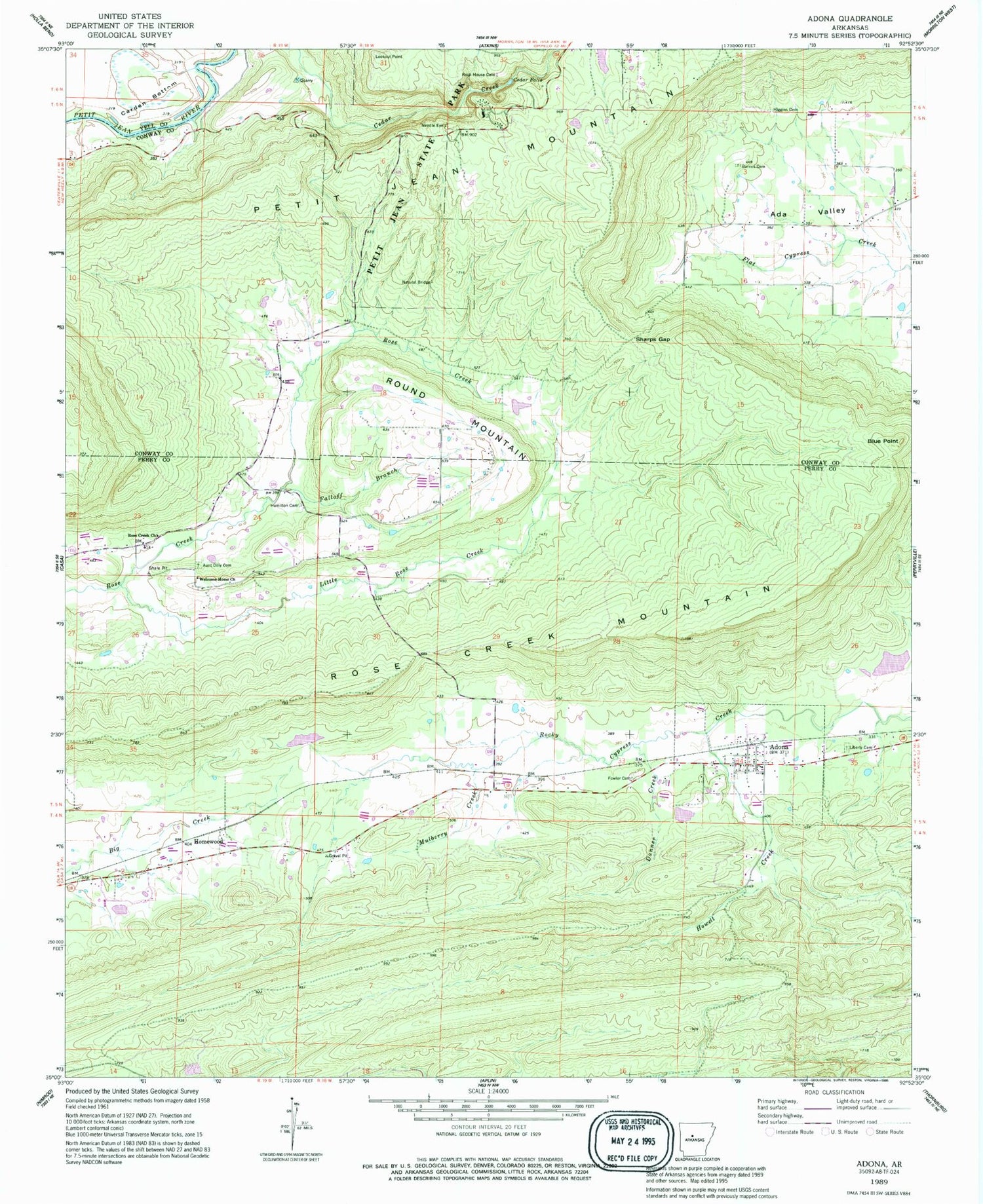 Classic USGS Adona Arkansas 7.5'x7.5' Topo Map Image