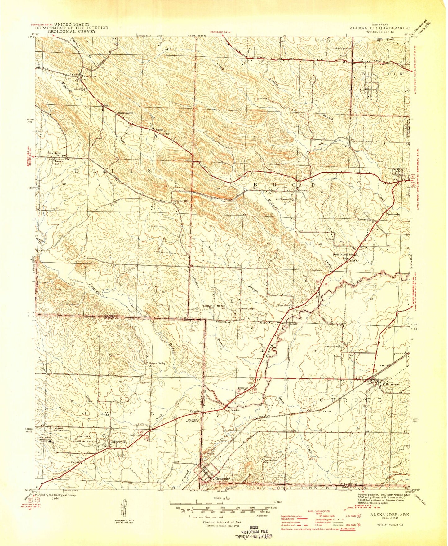 Classic USGS Alexander Arkansas 7.5'x7.5' Topo Map Image