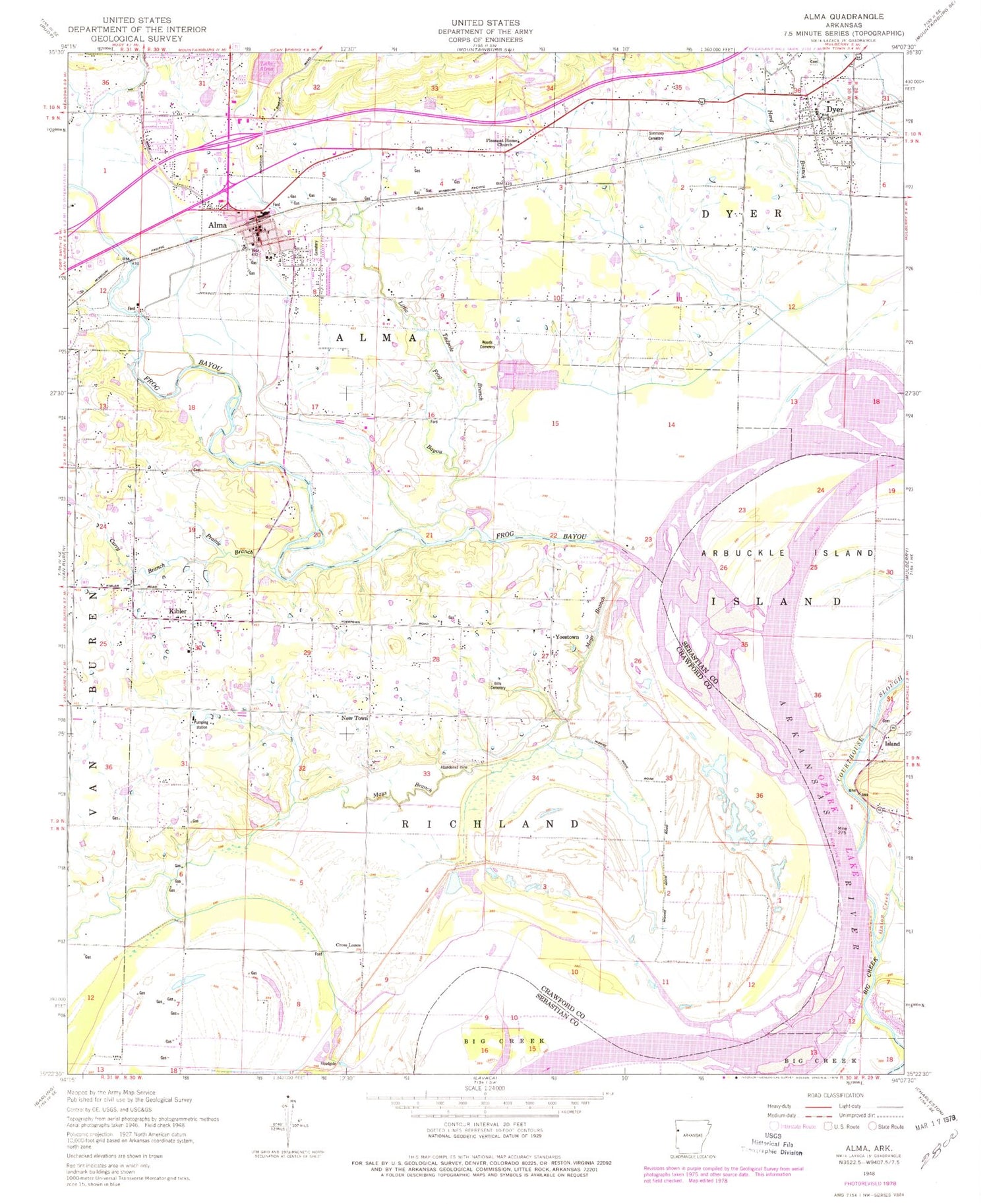 Classic USGS Alma Arkansas 7.5'x7.5' Topo Map Image