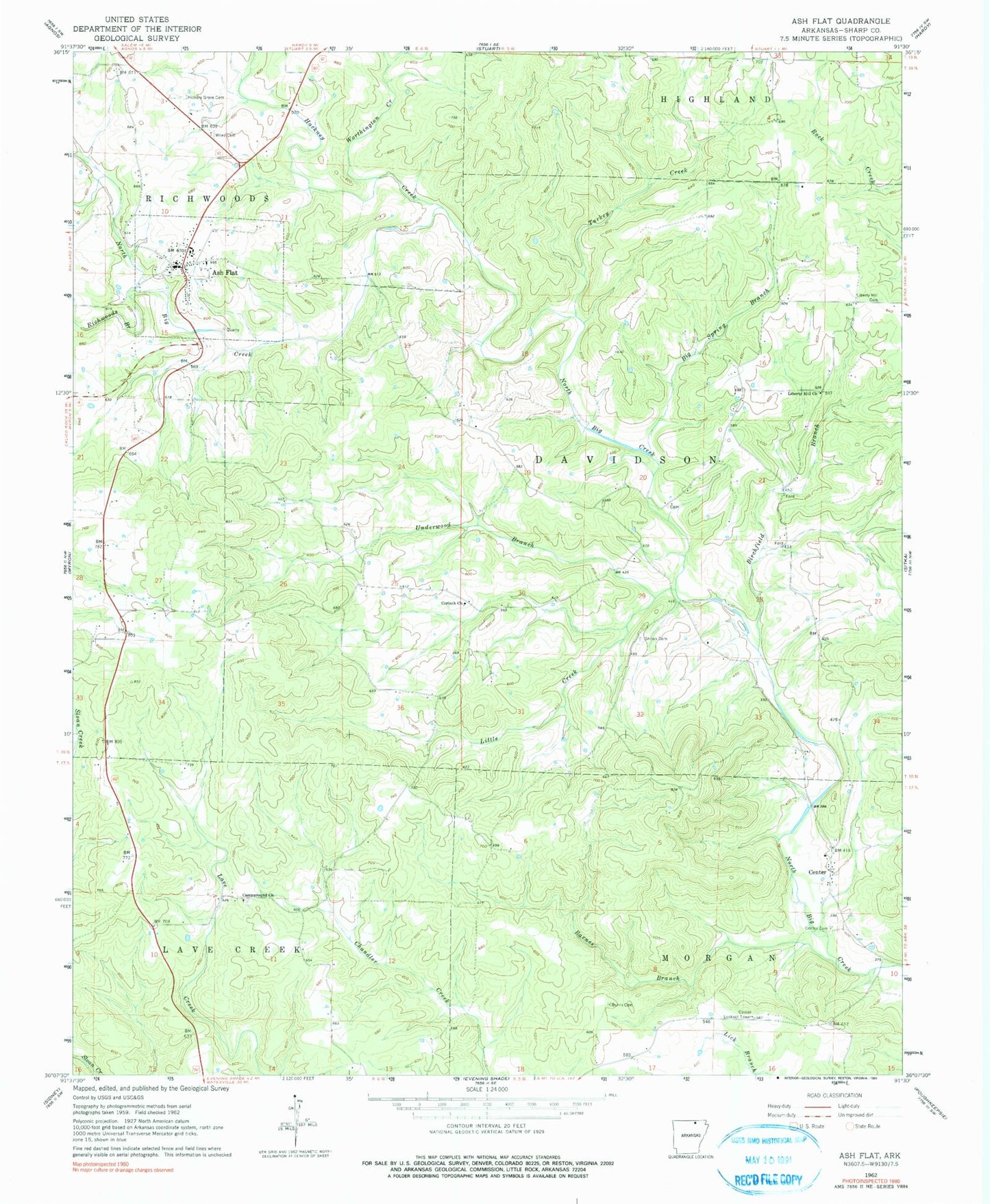 Classic USGS Ash Flat Arkansas 7.5'x7.5' Topo Map Image