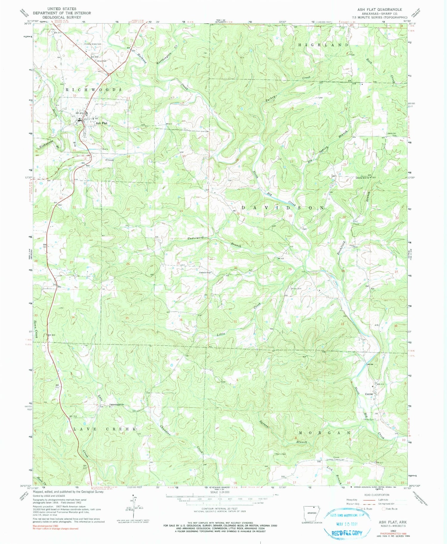 Classic USGS Ash Flat Arkansas 7.5'x7.5' Topo Map Image