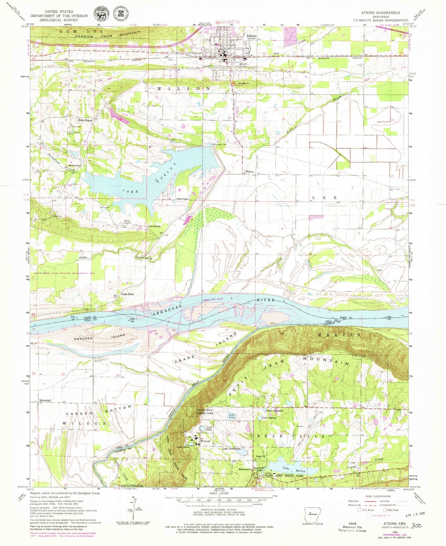 Classic USGS Atkins Arkansas 7.5'x7.5' Topo Map Image