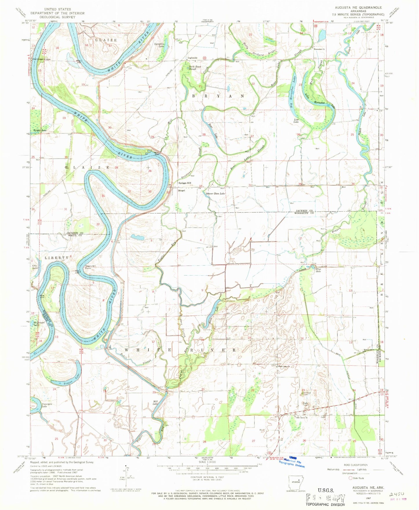 Classic USGS Augusta NE Arkansas 7.5'x7.5' Topo Map Image