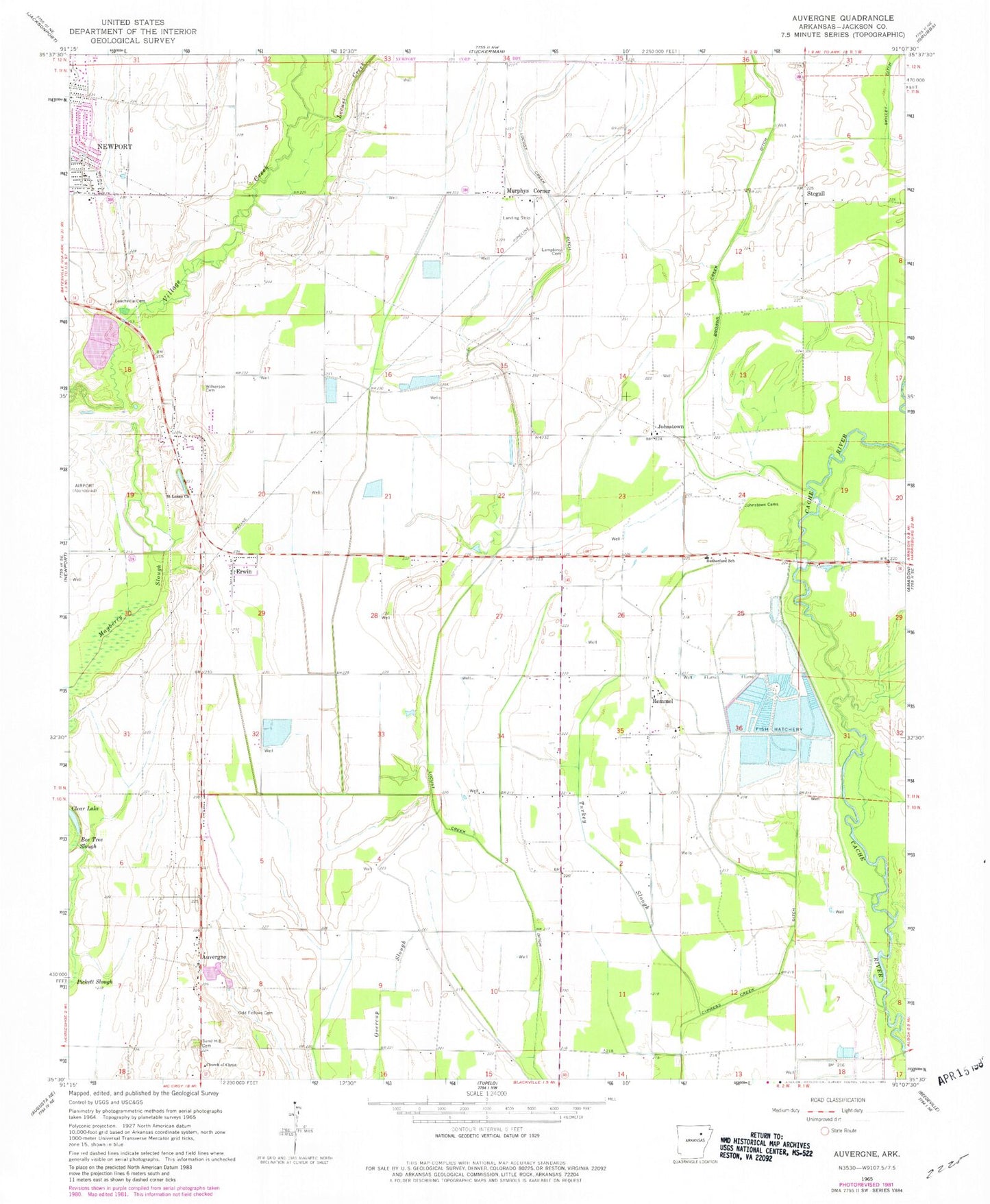Classic USGS Auvergne Arkansas 7.5'x7.5' Topo Map Image