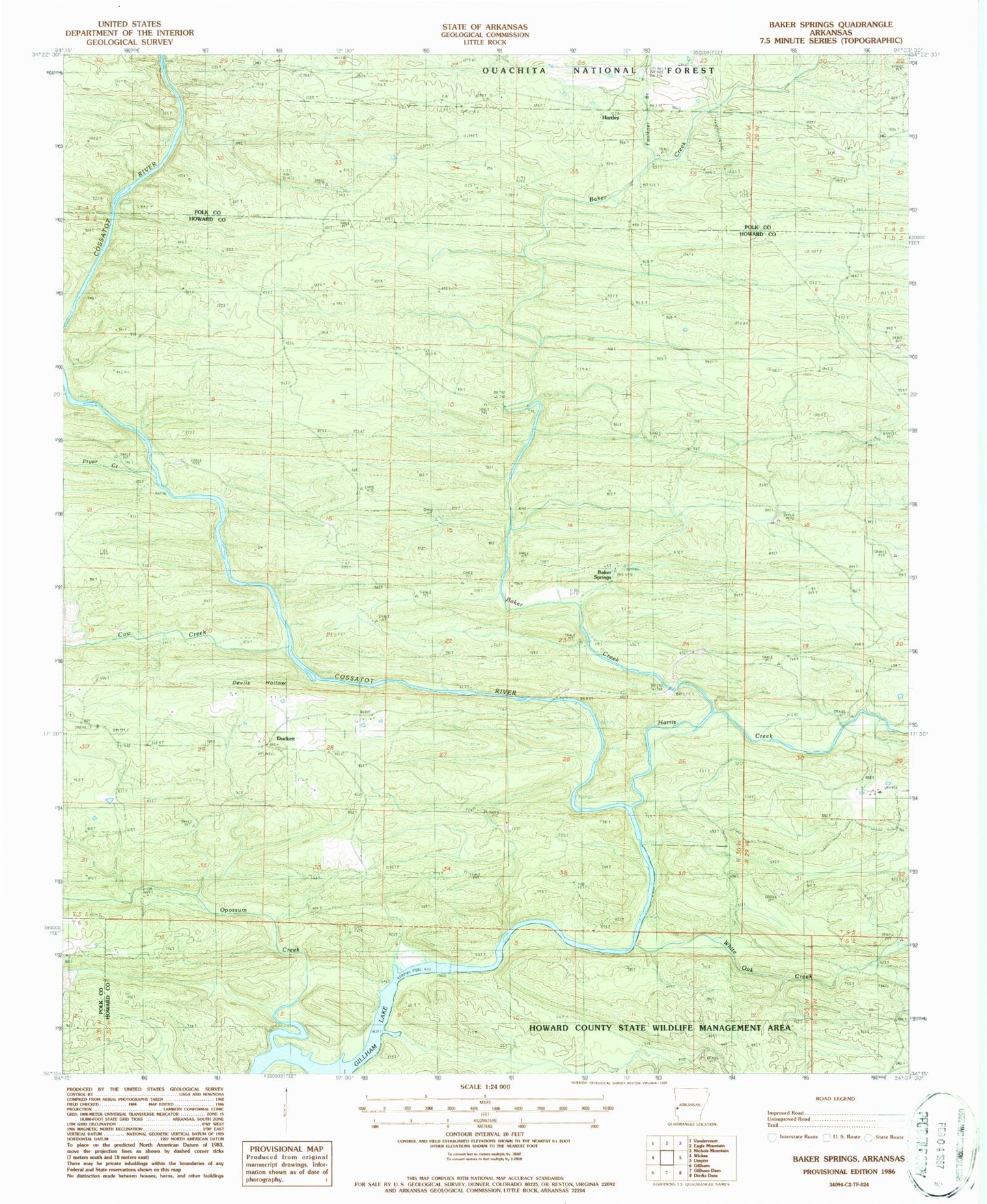 Classic USGS Baker Springs Arkansas 7.5'x7.5' Topo Map Image