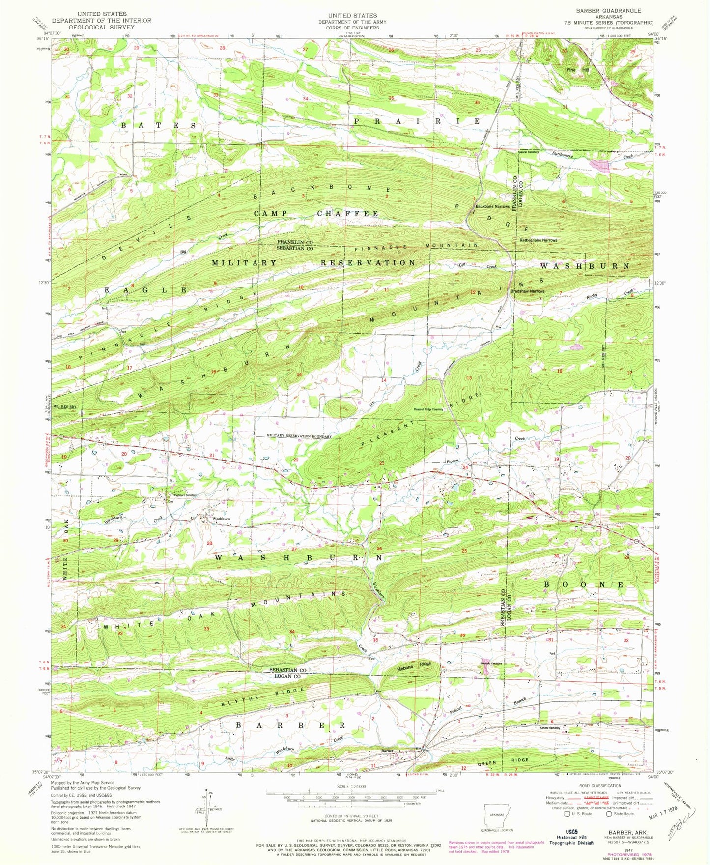 Classic USGS Barber Arkansas 7.5'x7.5' Topo Map Image