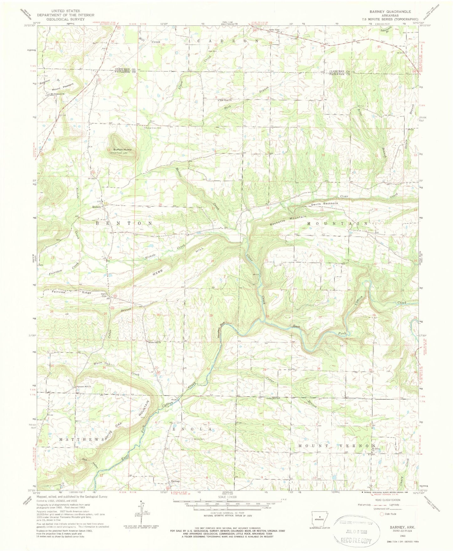 Classic USGS Barney Arkansas 7.5'x7.5' Topo Map Image