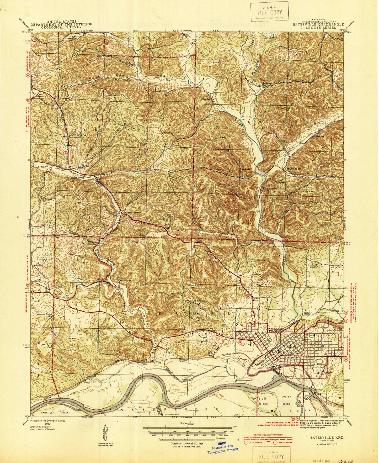 Classic USGS Batesville Arkansas 7.5'x7.5' Topo Map Image