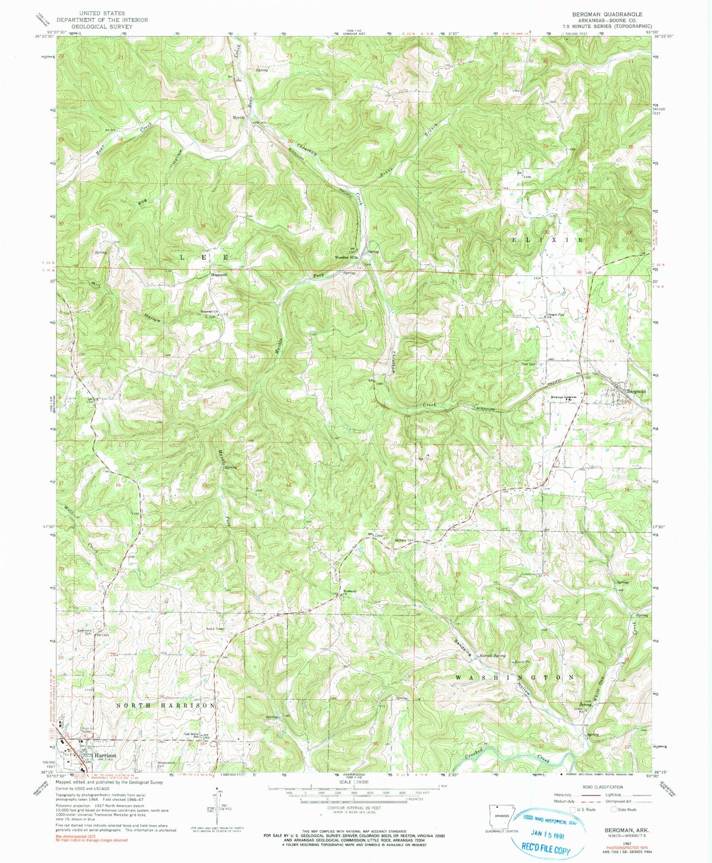 Classic USGS Bergman Arkansas 7.5'x7.5' Topo Map Image
