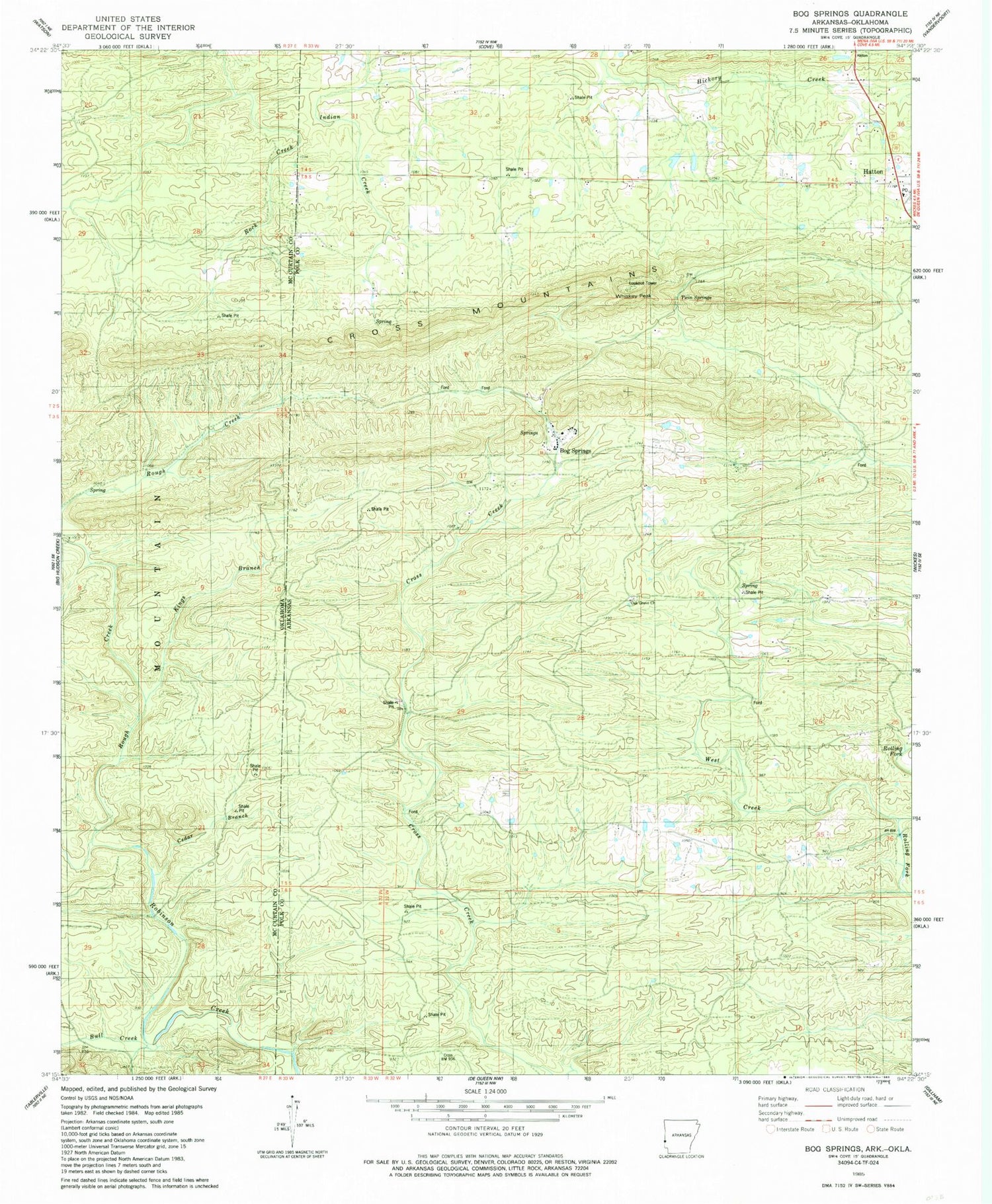Classic USGS Bog Springs Arkansas 7.5'x7.5' Topo Map Image