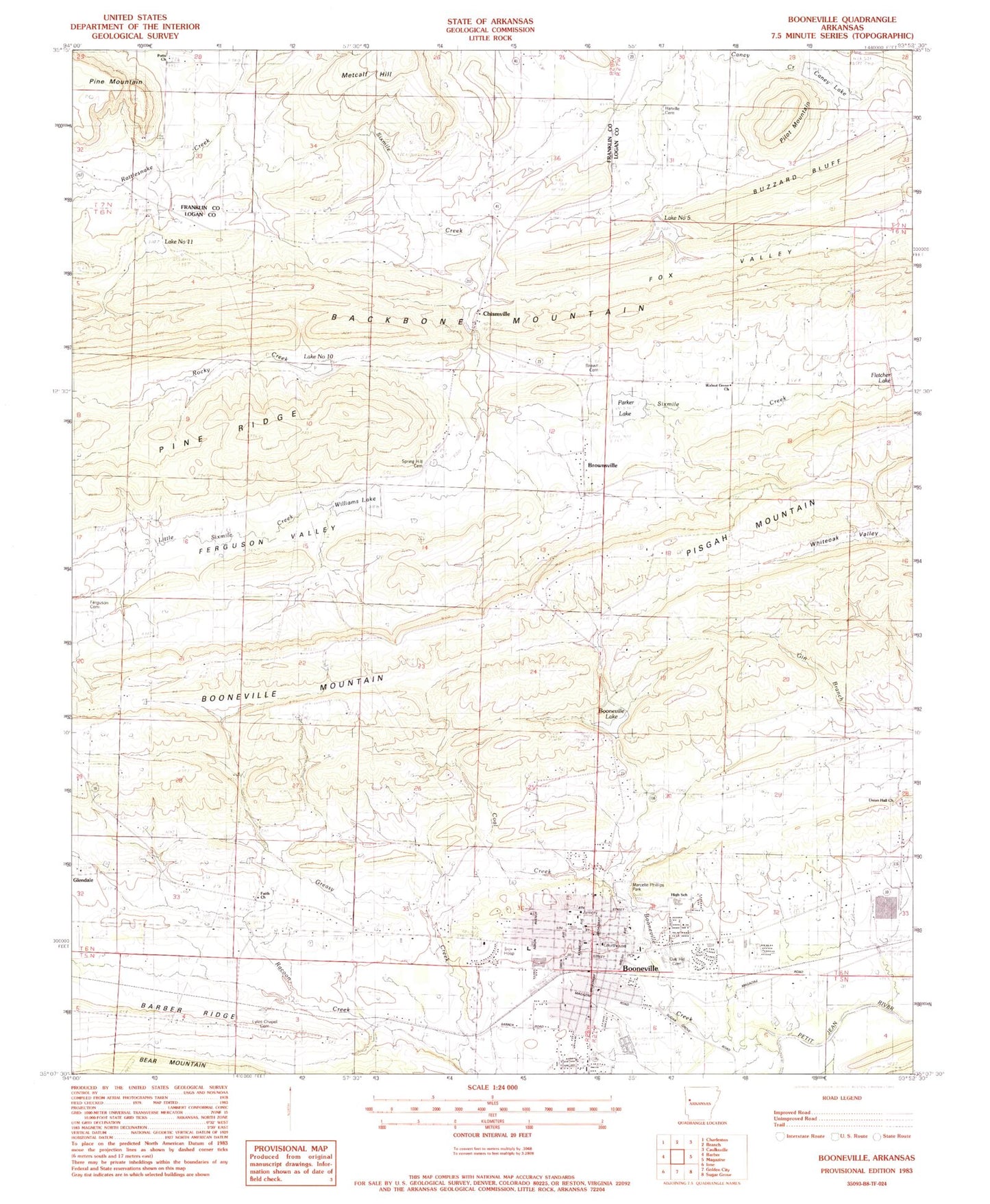 Classic USGS Booneville Arkansas 7.5'x7.5' Topo Map Image