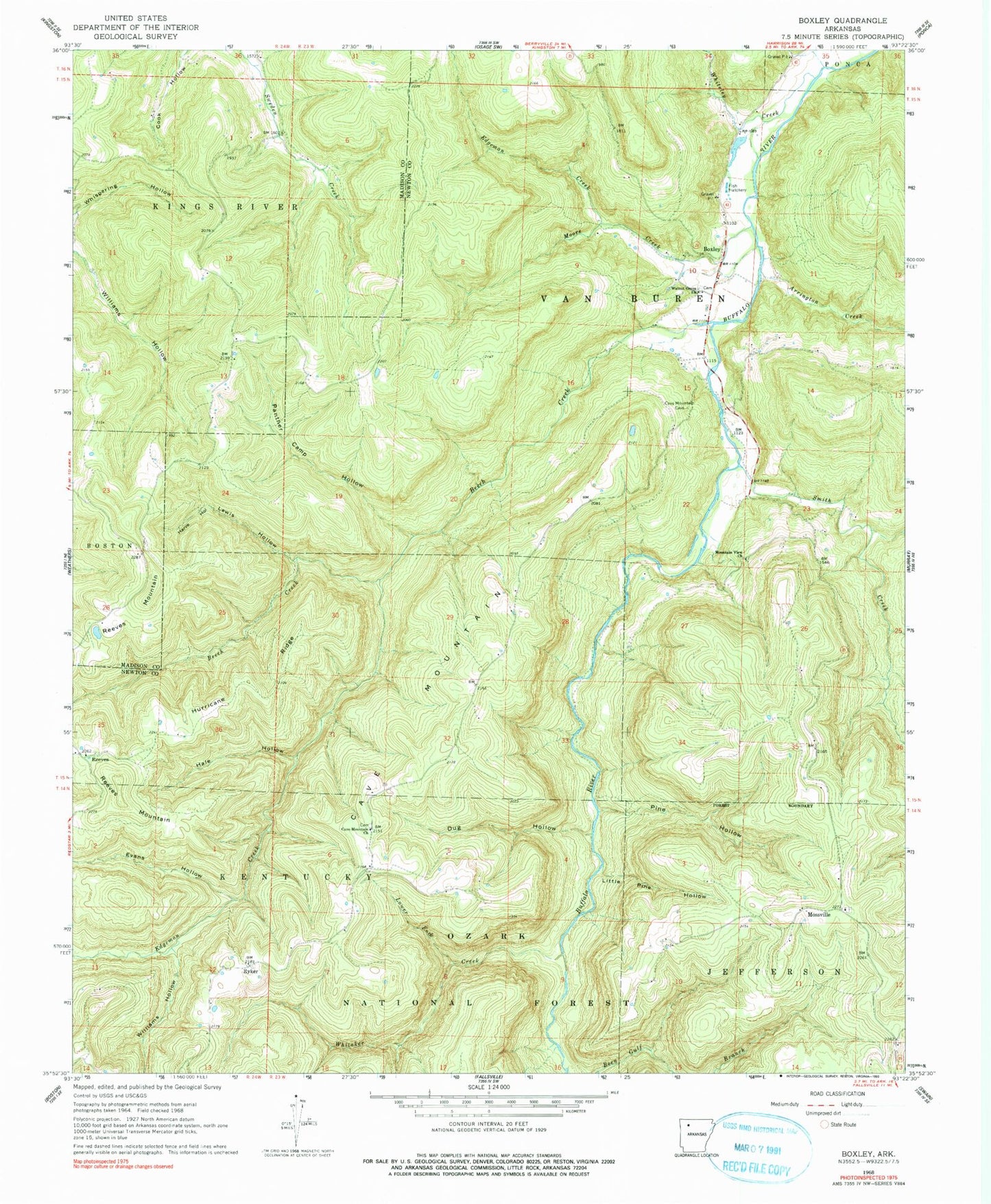 Classic USGS Boxley Arkansas 7.5'x7.5' Topo Map Image