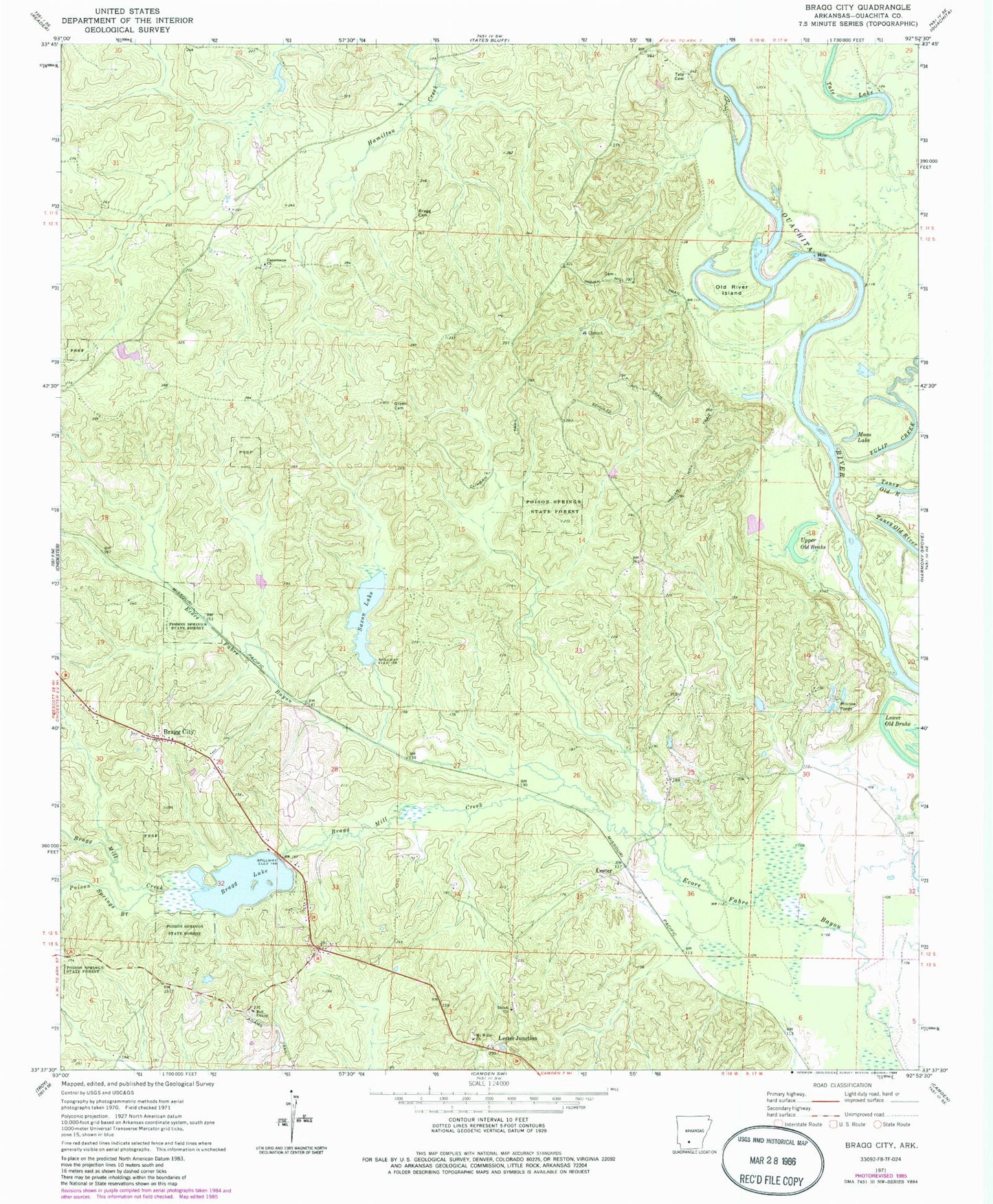 Classic USGS Bragg City Arkansas 7.5'x7.5' Topo Map Image