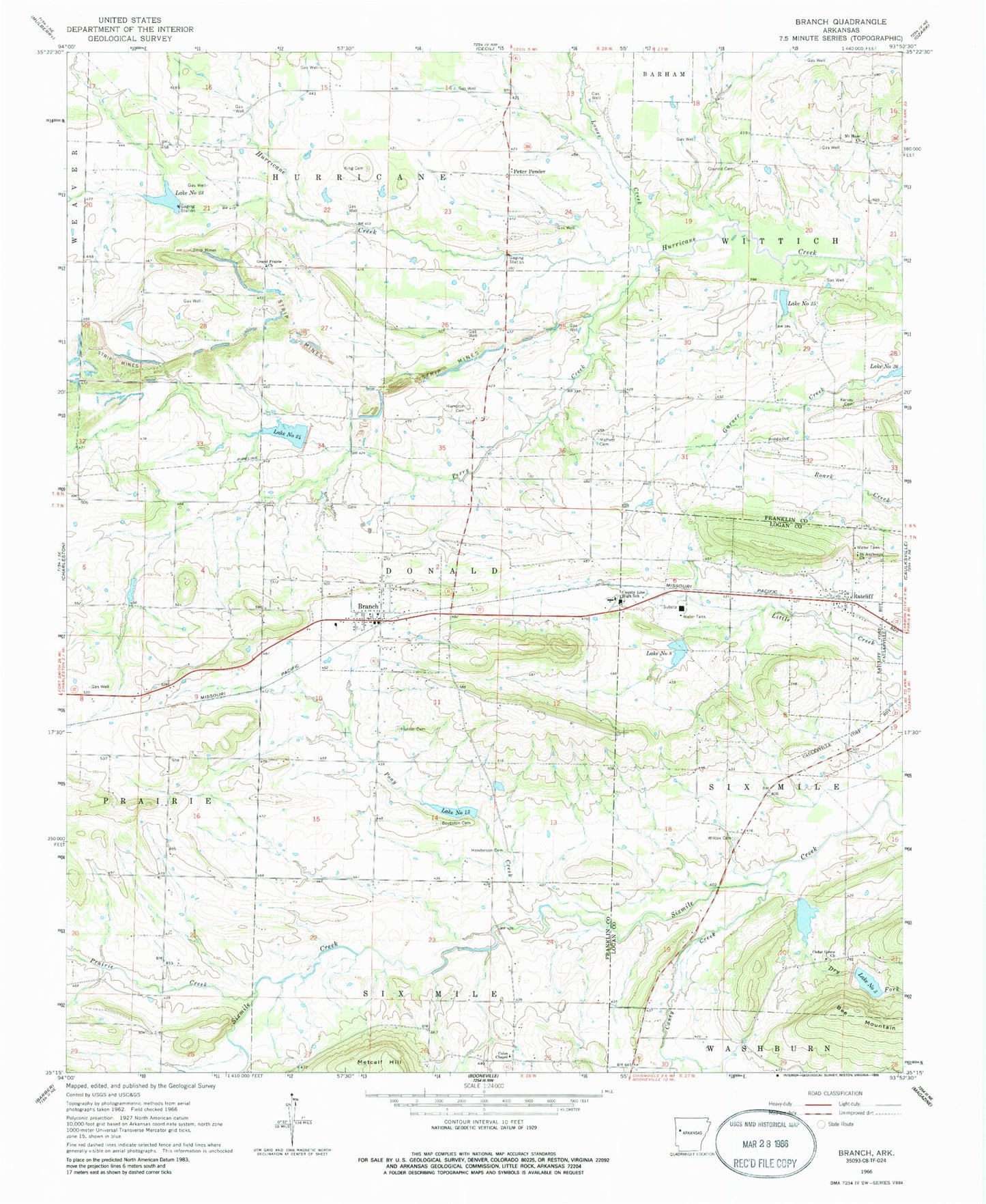 Classic USGS Branch Arkansas 7.5'x7.5' Topo Map Image
