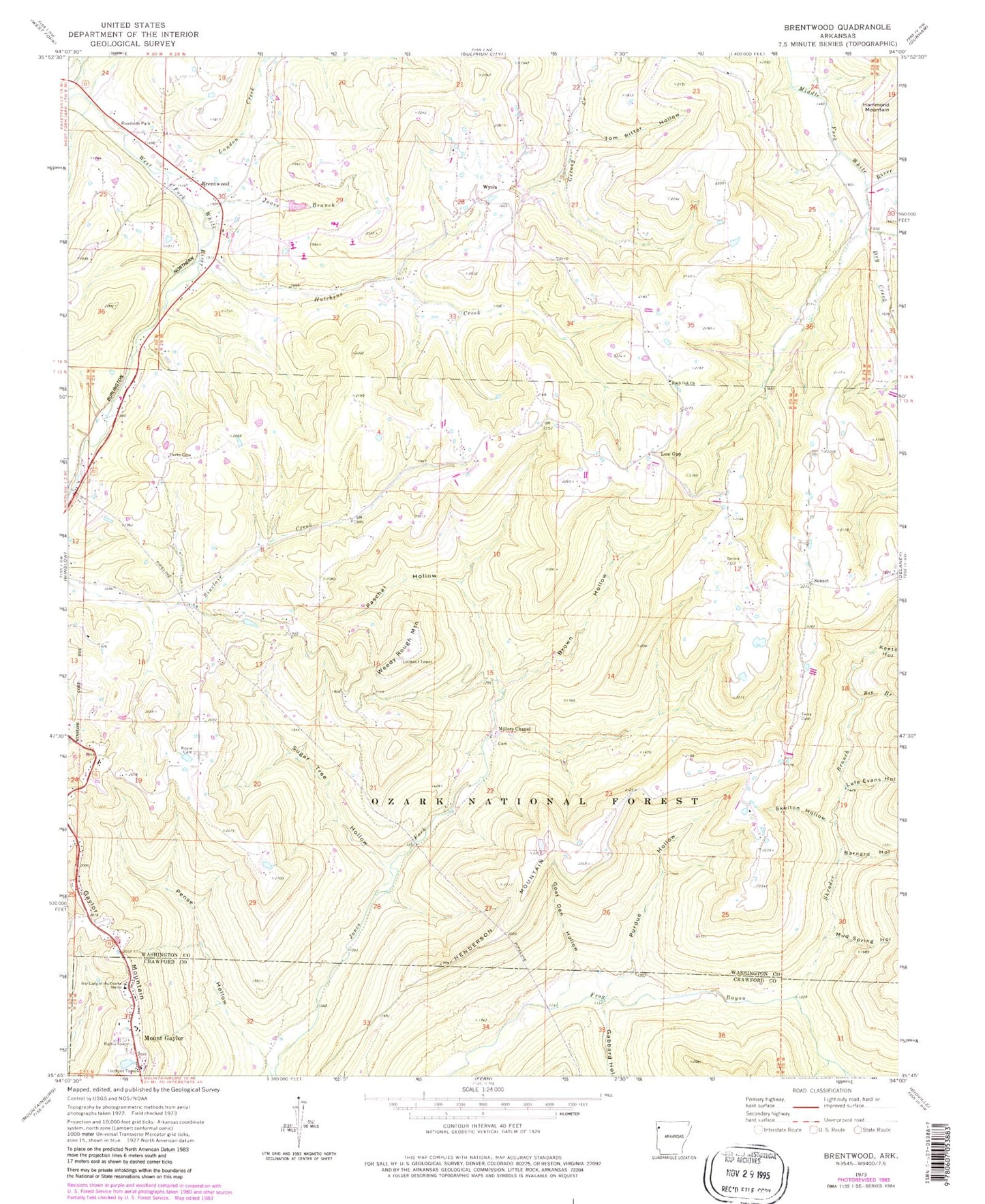 Classic USGS Brentwood Arkansas 7.5'x7.5' Topo Map Image