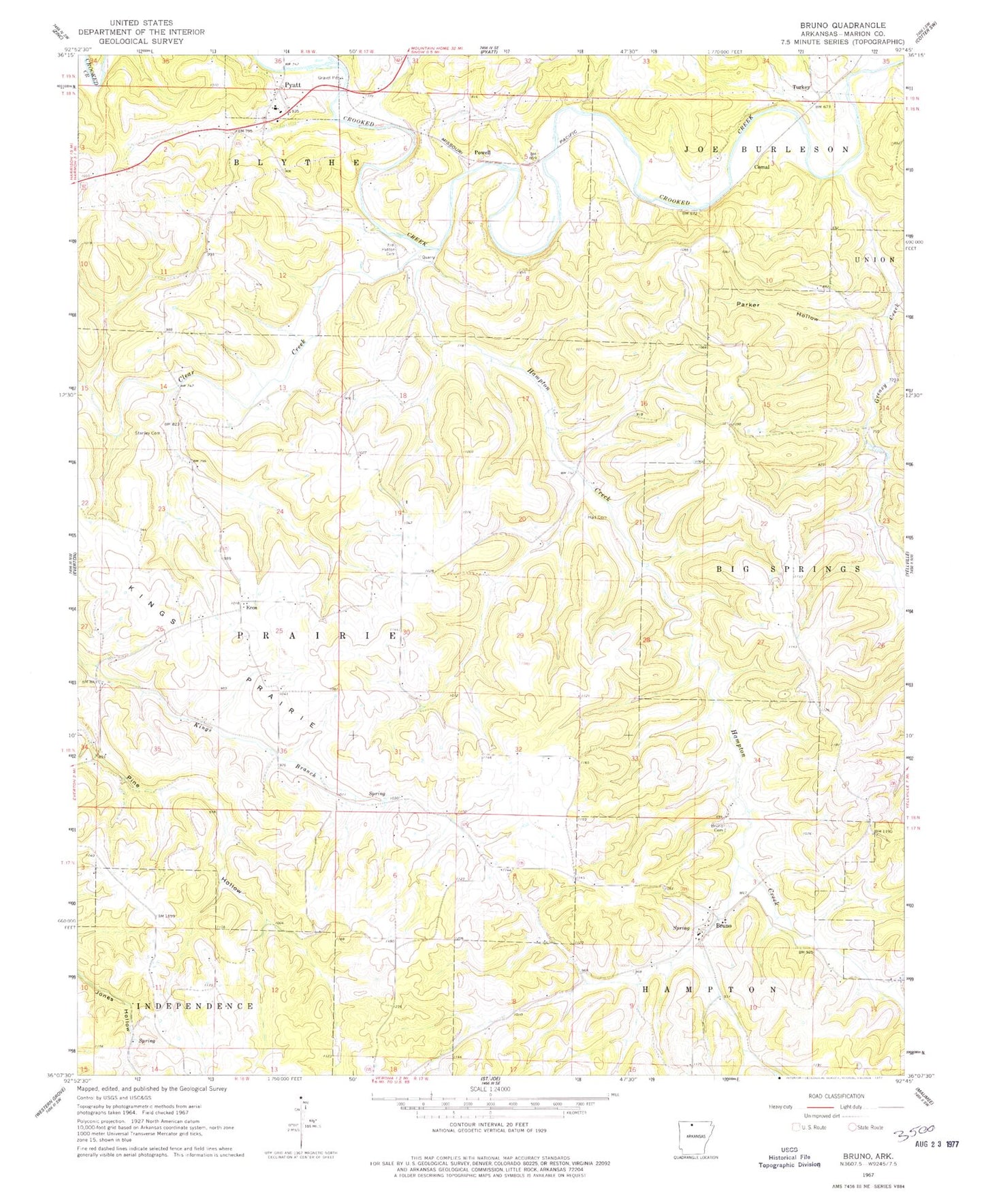 Classic USGS Bruno Arkansas 7.5'x7.5' Topo Map Image