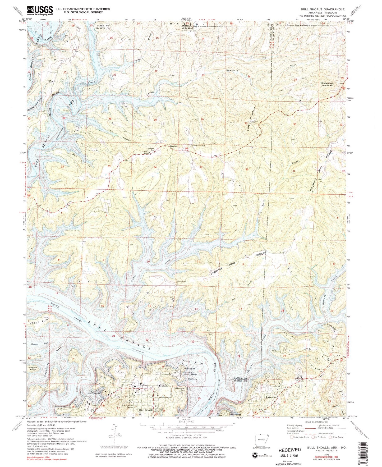 Classic USGS Bull Shoals Arkansas 7.5'x7.5' Topo Map Image