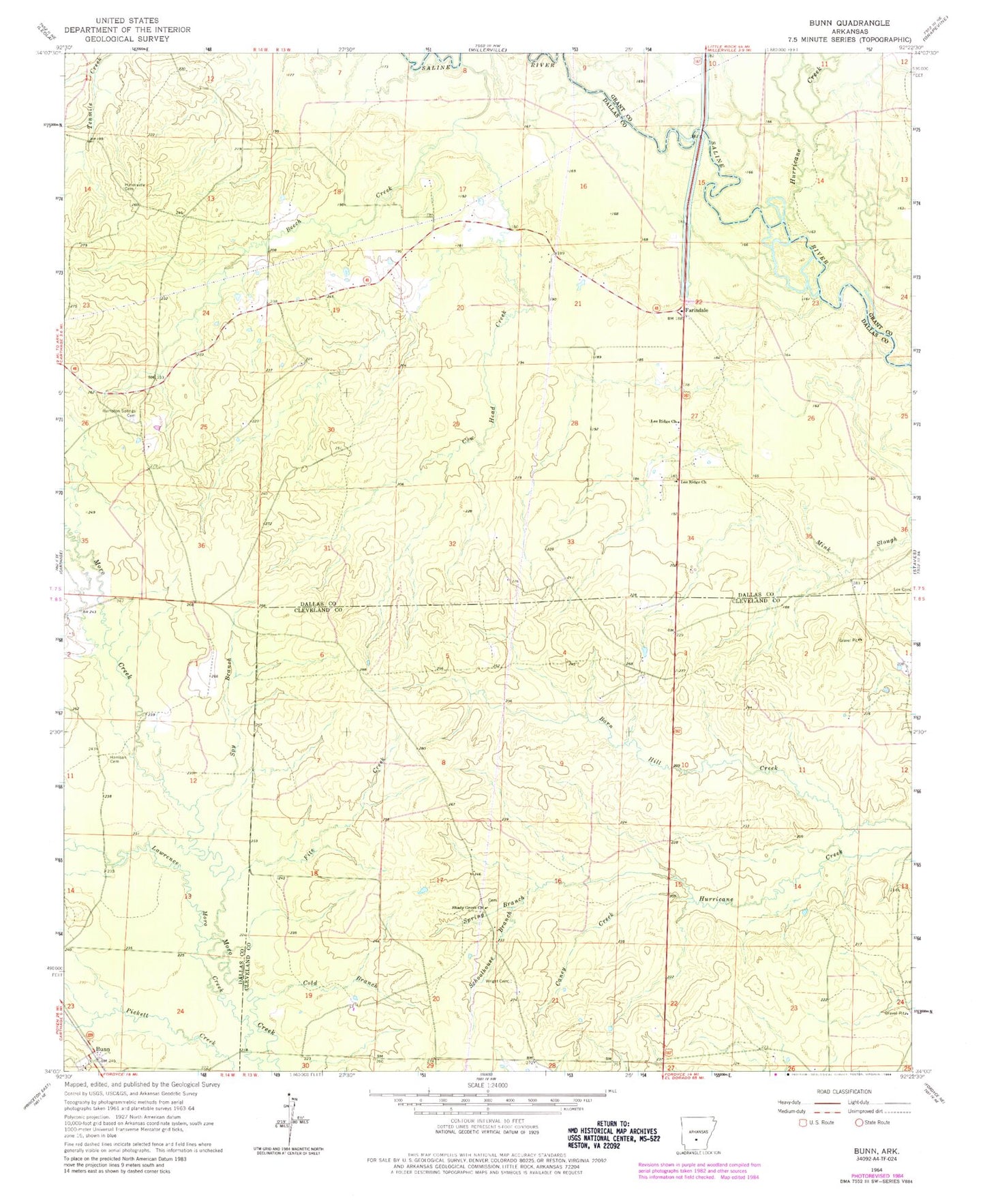 Classic USGS Bunn Arkansas 7.5'x7.5' Topo Map Image