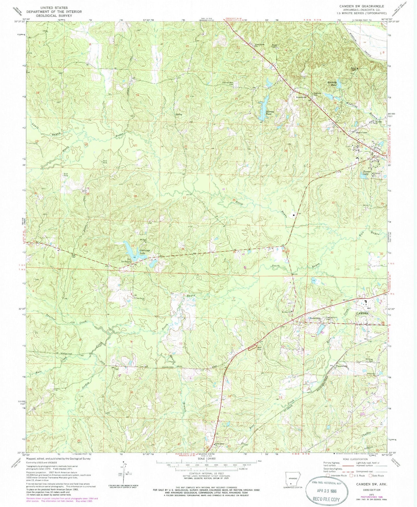 Classic USGS Camden SW Arkansas 7.5'x7.5' Topo Map Image