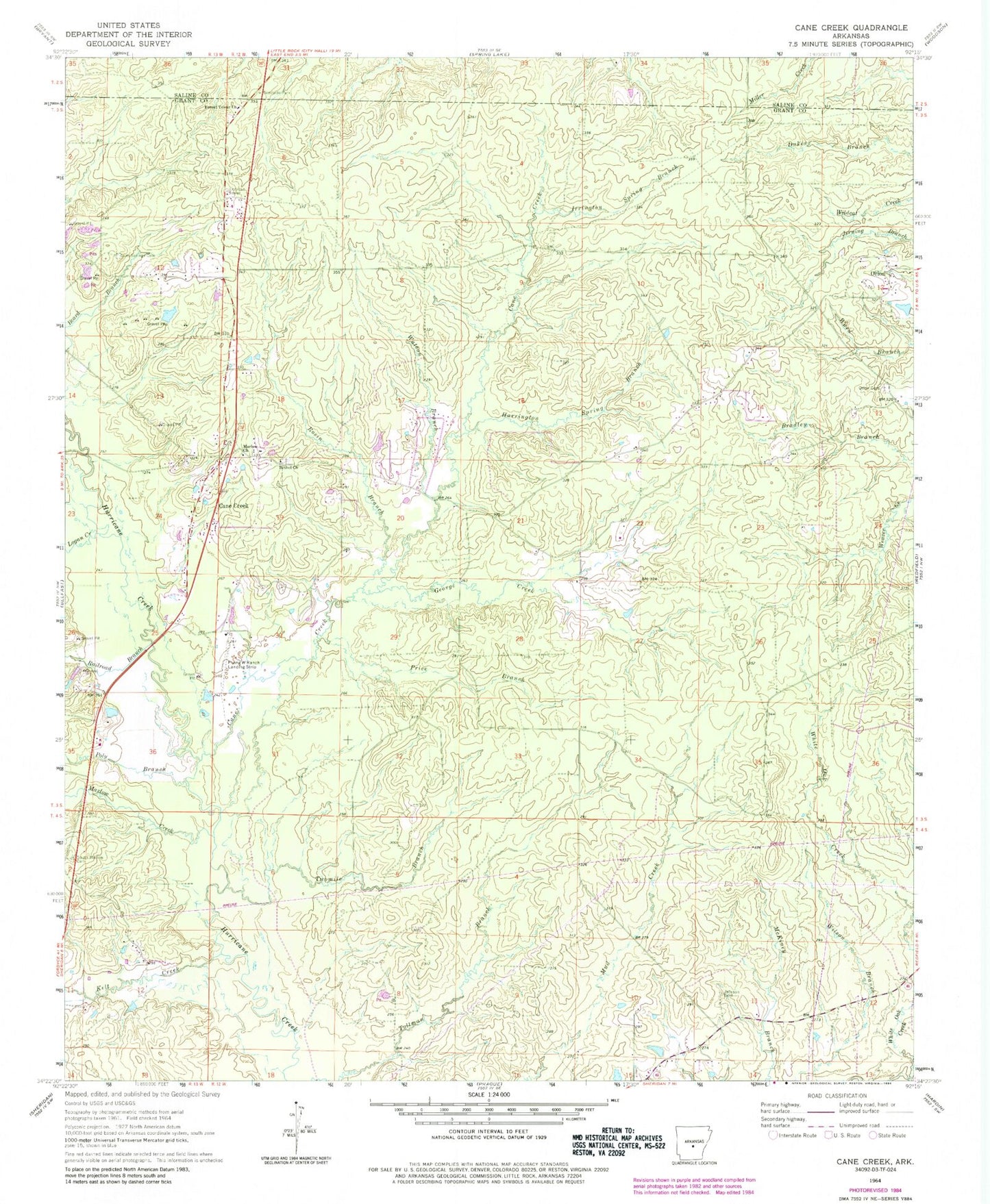 Classic USGS Cane Creek Arkansas 7.5'x7.5' Topo Map Image