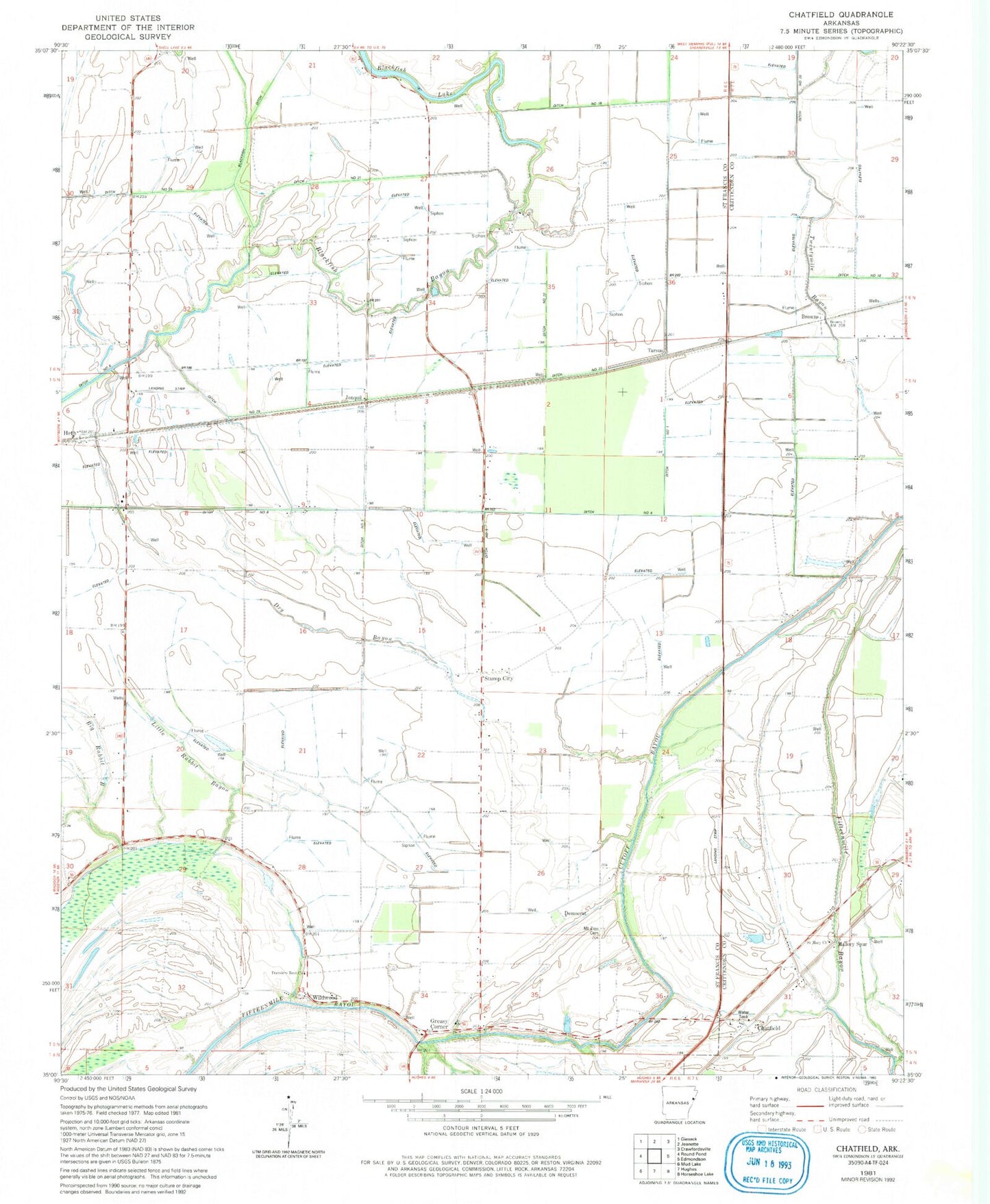 Classic USGS Chatfield Arkansas 7.5'x7.5' Topo Map Image