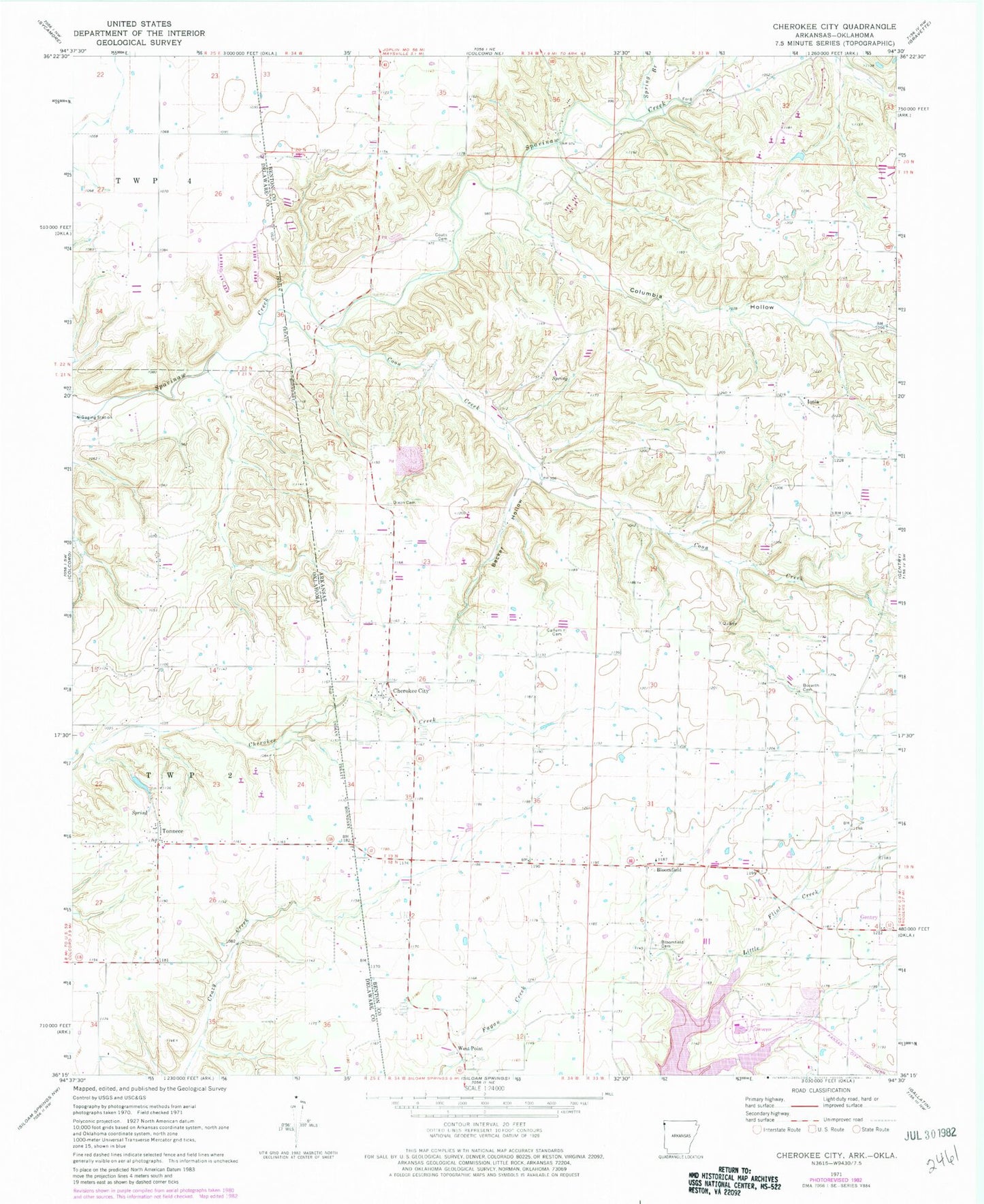 Classic USGS Cherokee City Arkansas 7.5'x7.5' Topo Map Image