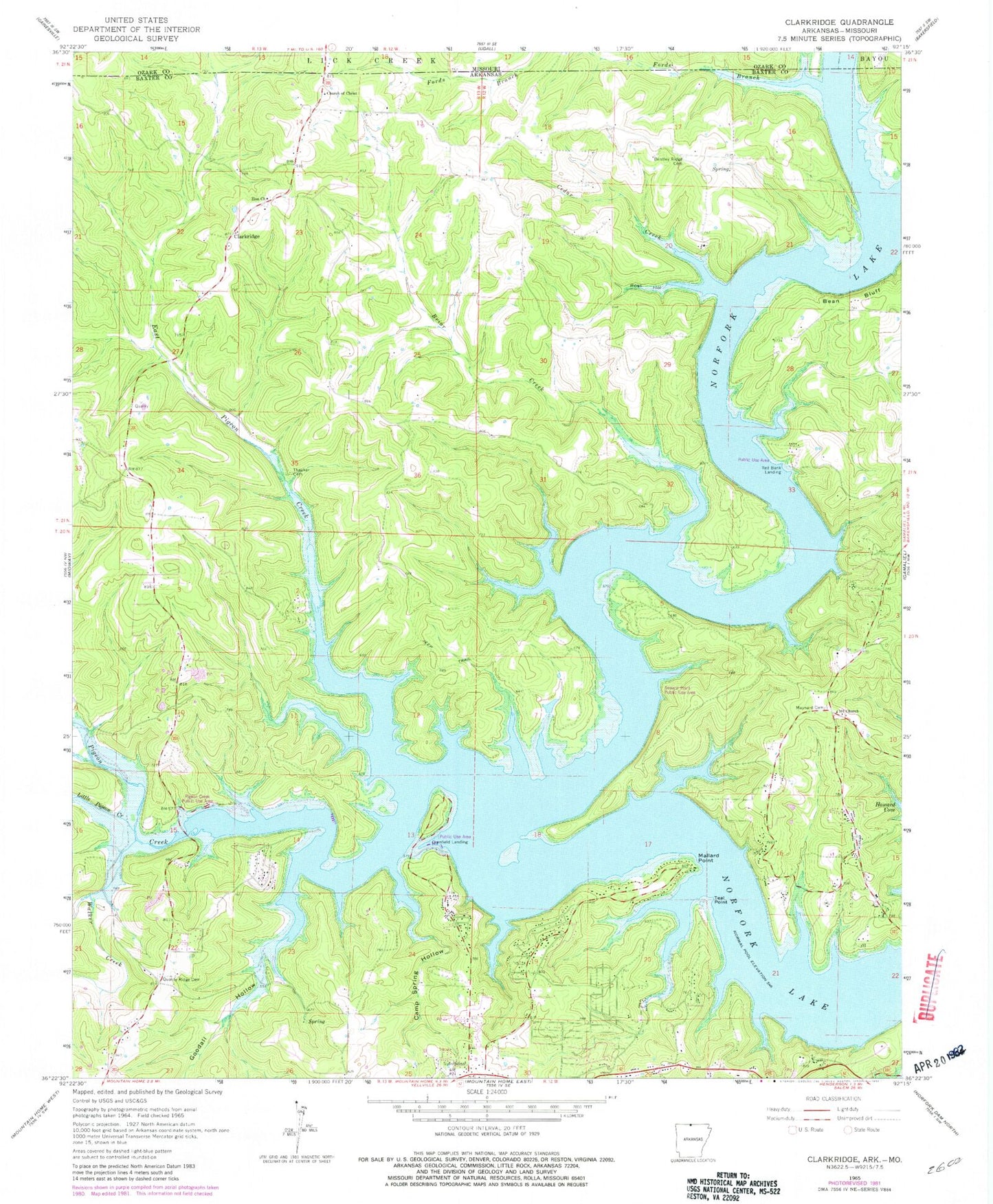 Classic USGS Clarkridge Arkansas 7.5'x7.5' Topo Map Image