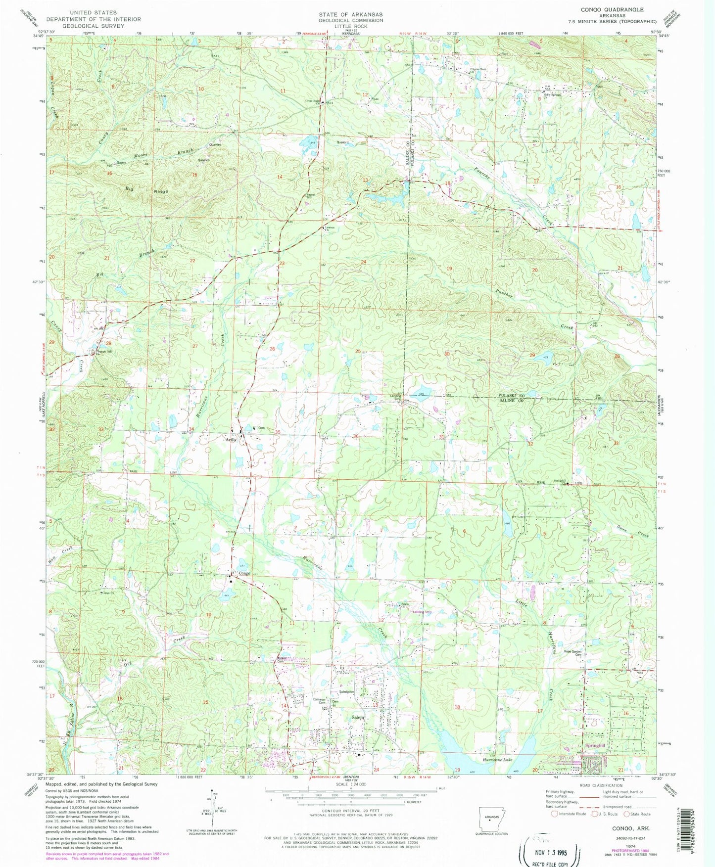 Classic USGS Congo Arkansas 7.5'x7.5' Topo Map Image