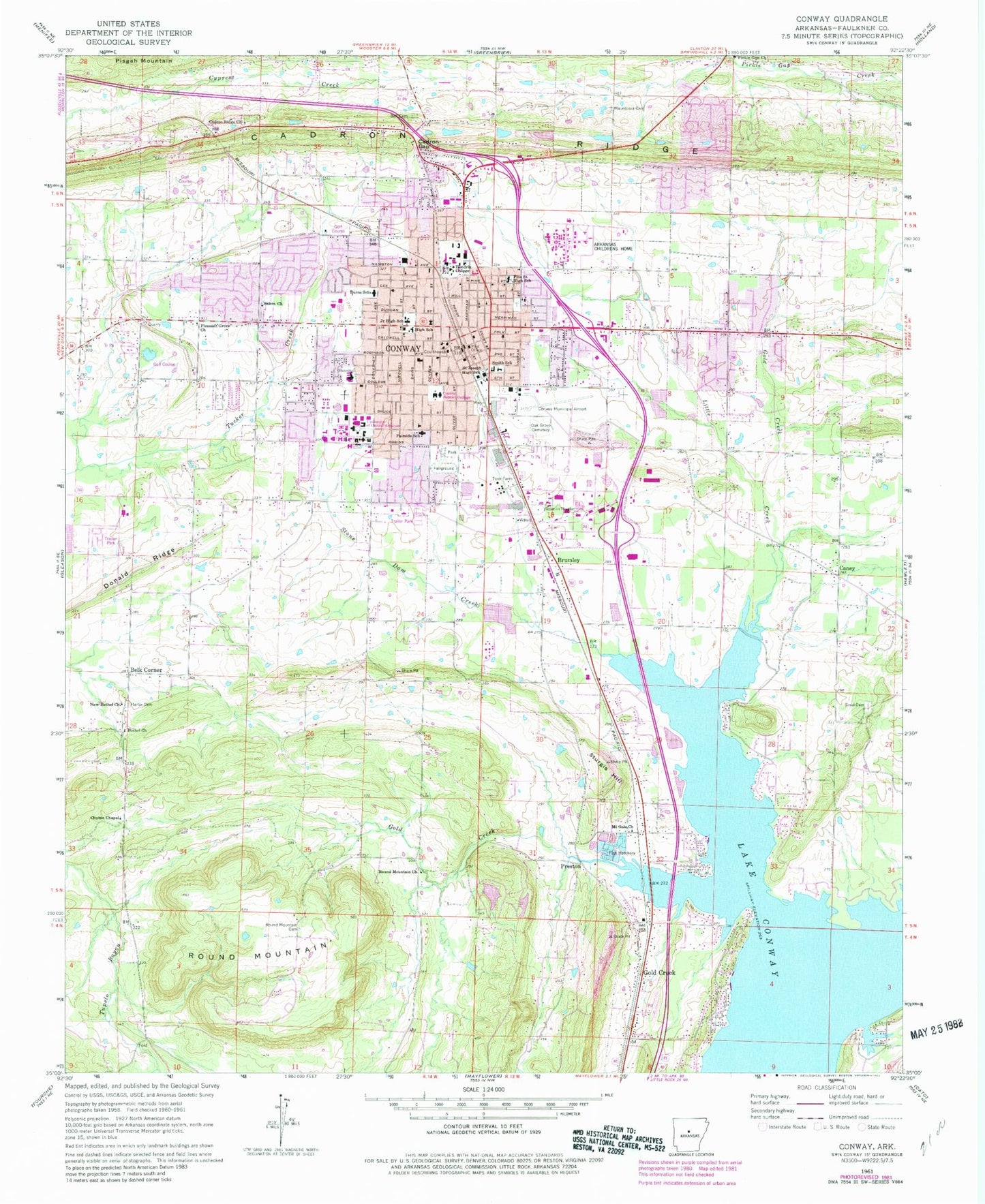 Classic USGS Conway Arkansas 7.5'x7.5' Topo Map Image