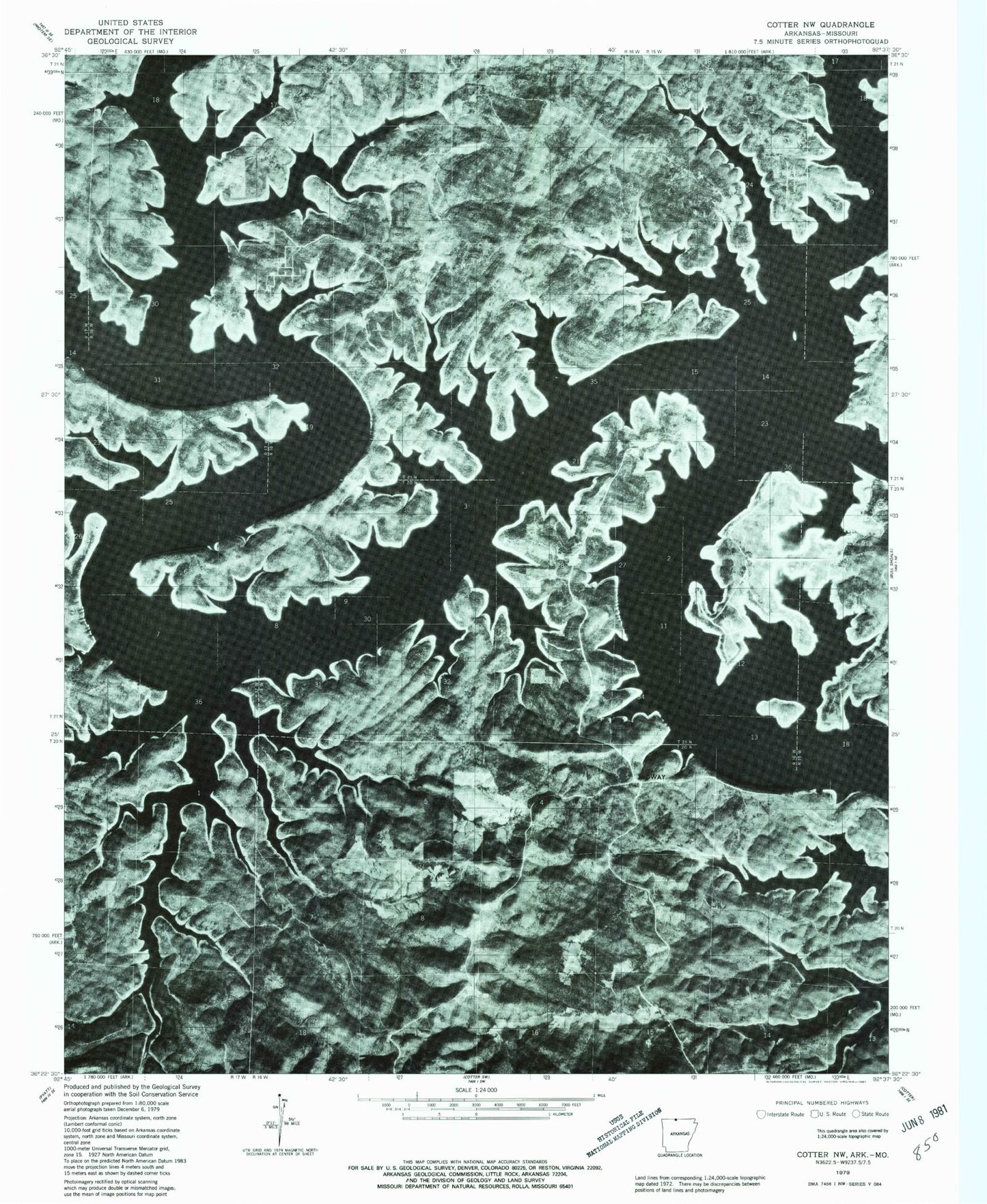 Classic USGS Cotter NW Arkansas 7.5'x7.5' Topo Map Image