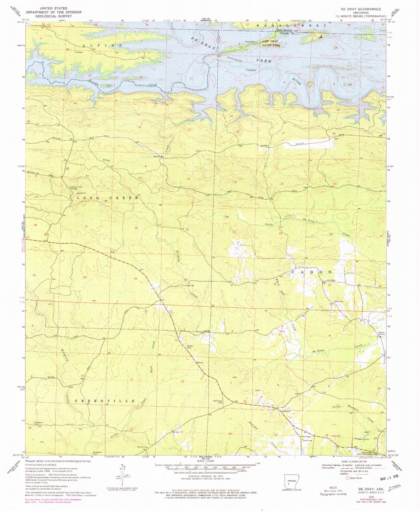 Classic USGS De Gray Arkansas 7.5'x7.5' Topo Map Image