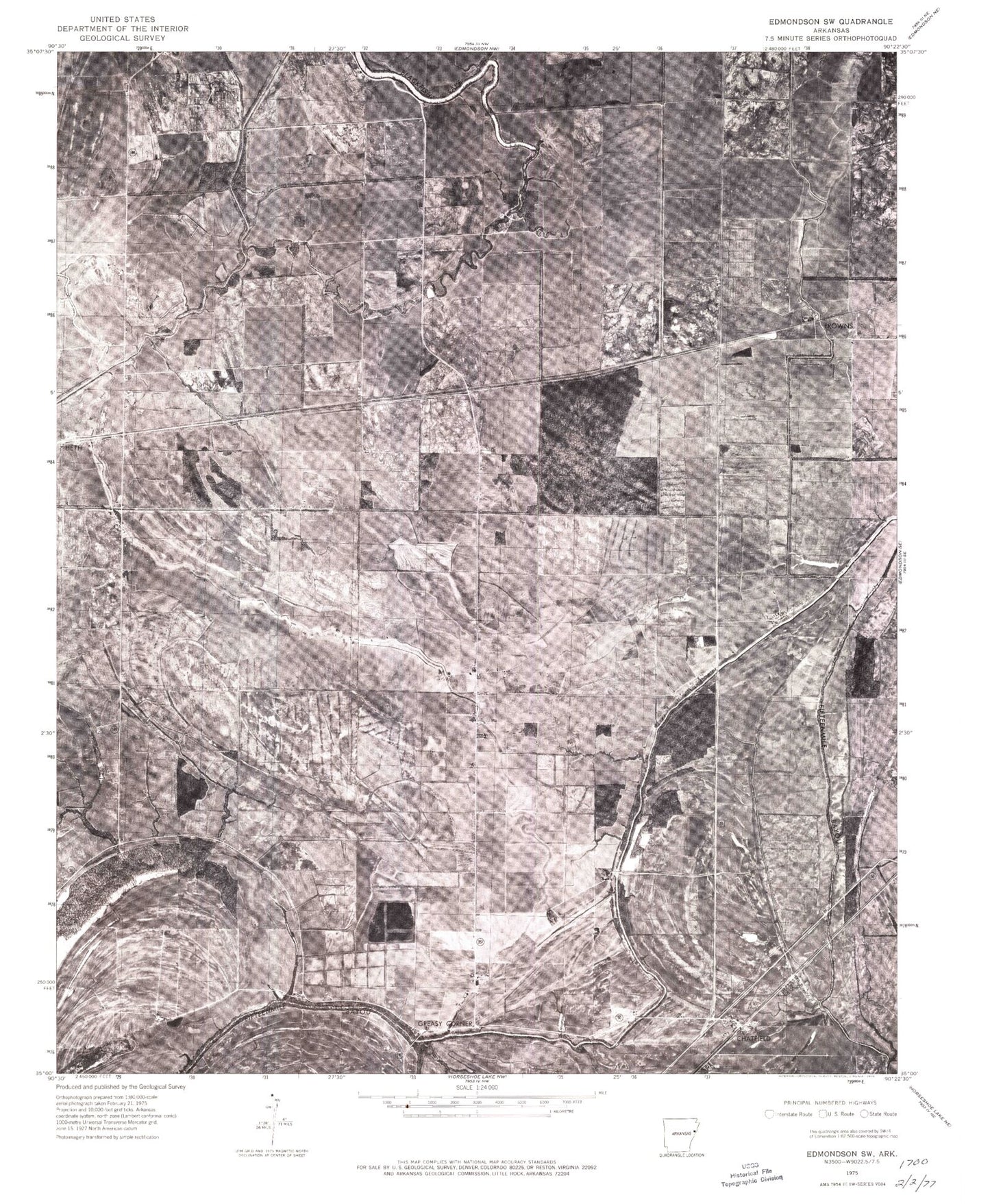 Classic USGS Chatfield Arkansas 7.5'x7.5' Topo Map Image