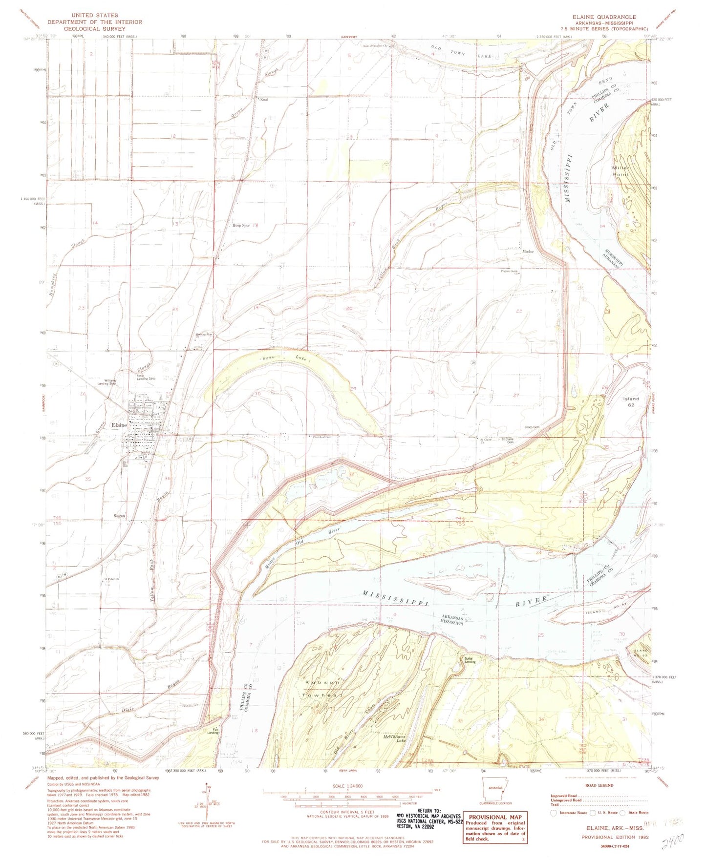 Classic USGS Elaine Arkansas 7.5'x7.5' Topo Map Image