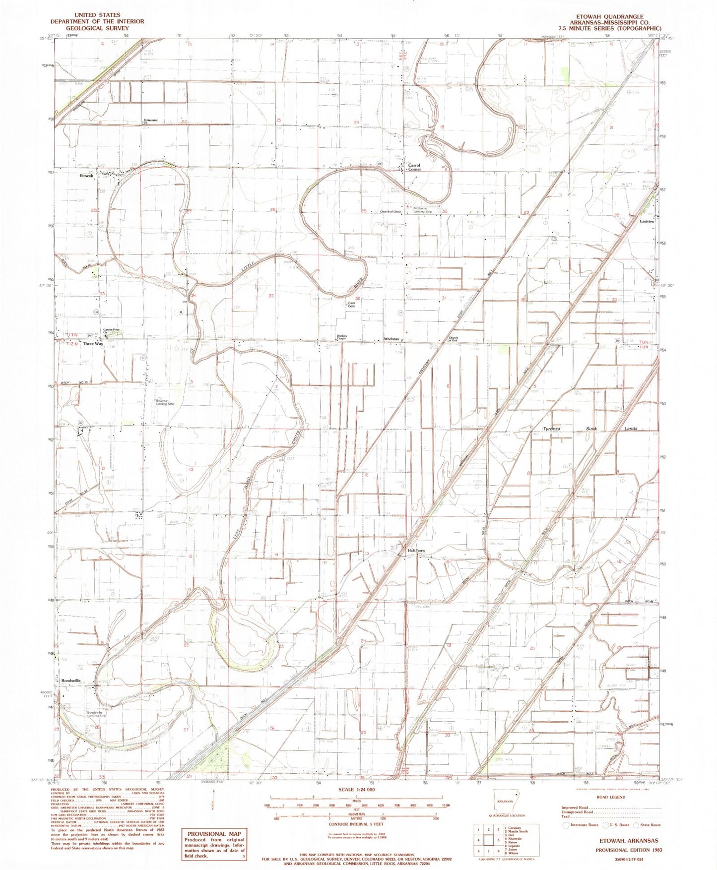 Classic USGS Etowah Arkansas 7.5'x7.5' Topo Map Image