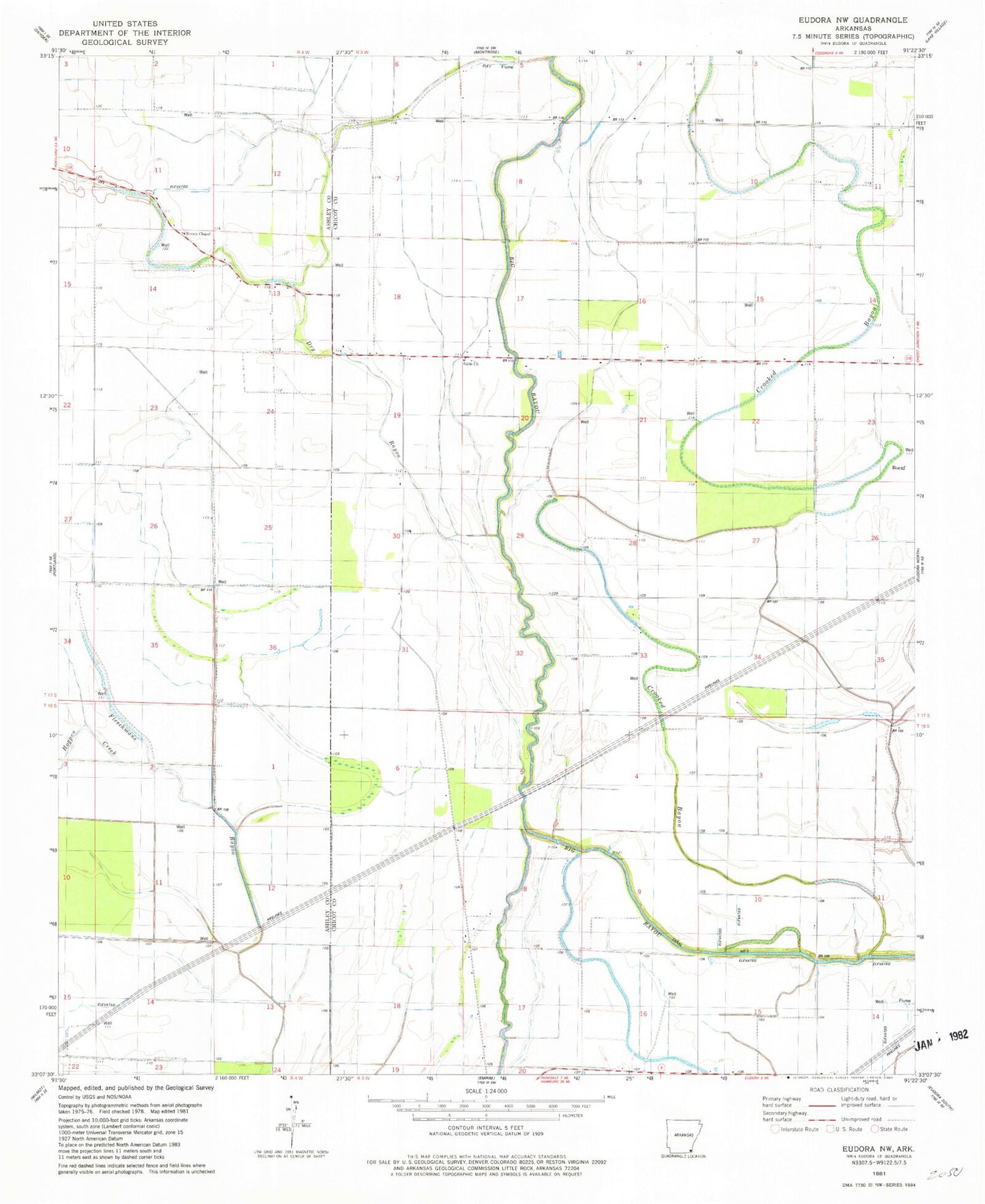 Classic USGS Eudora NW Arkansas 7.5'x7.5' Topo Map Image