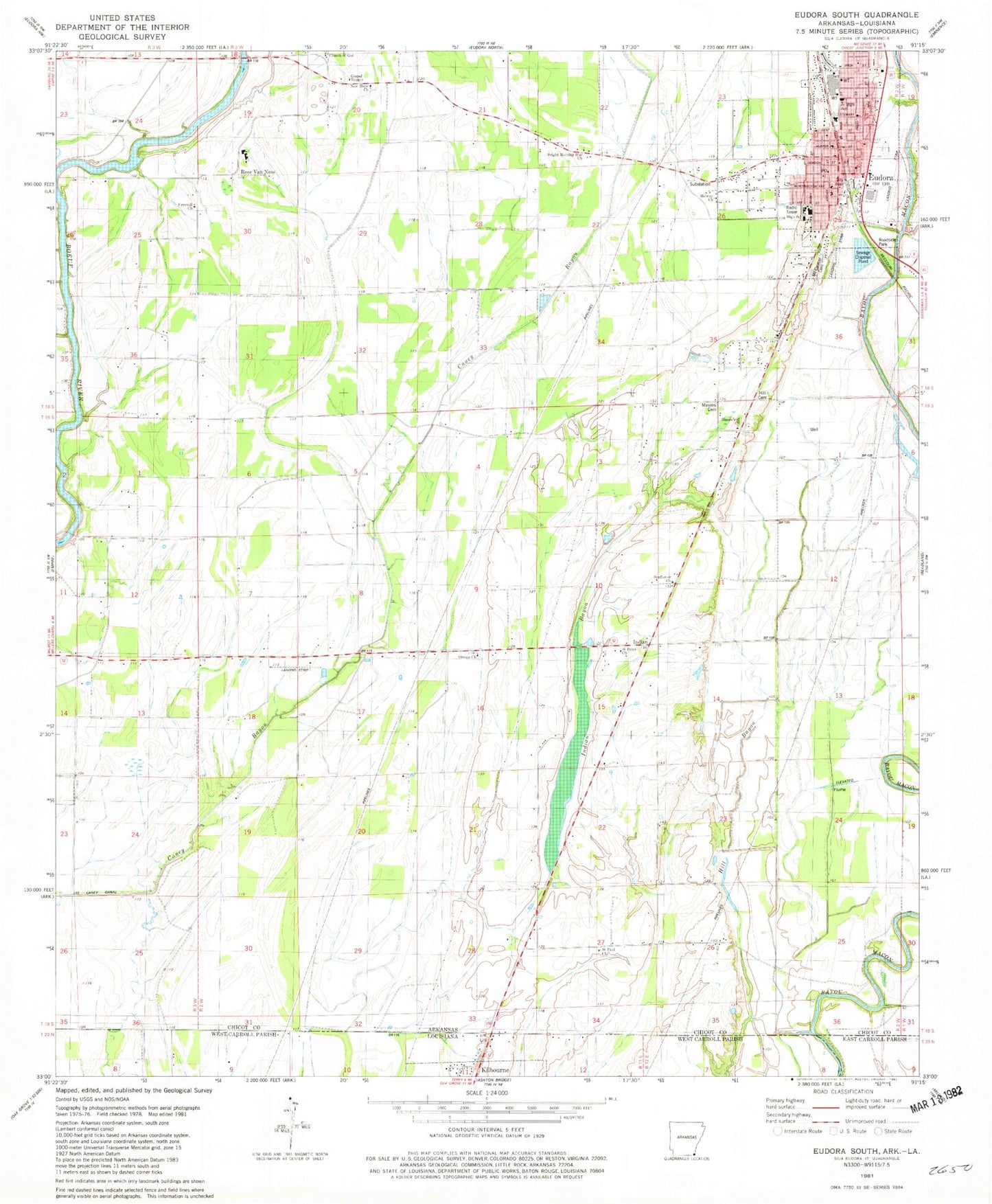 Classic USGS Eudora South Arkansas 7.5'x7.5' Topo Map Image