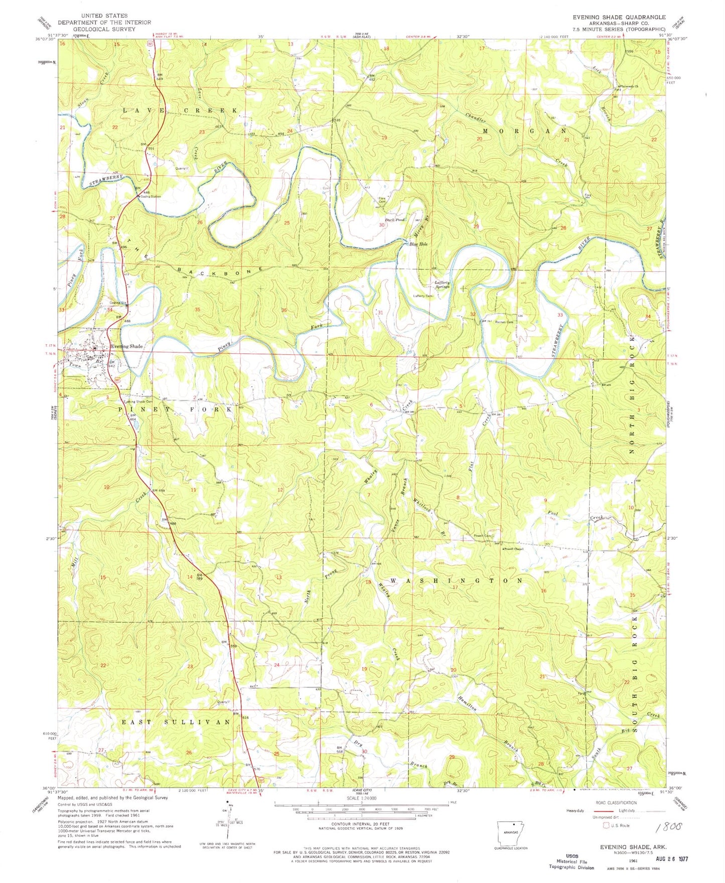 Classic USGS Evening Shade Arkansas 7.5'x7.5' Topo Map Image