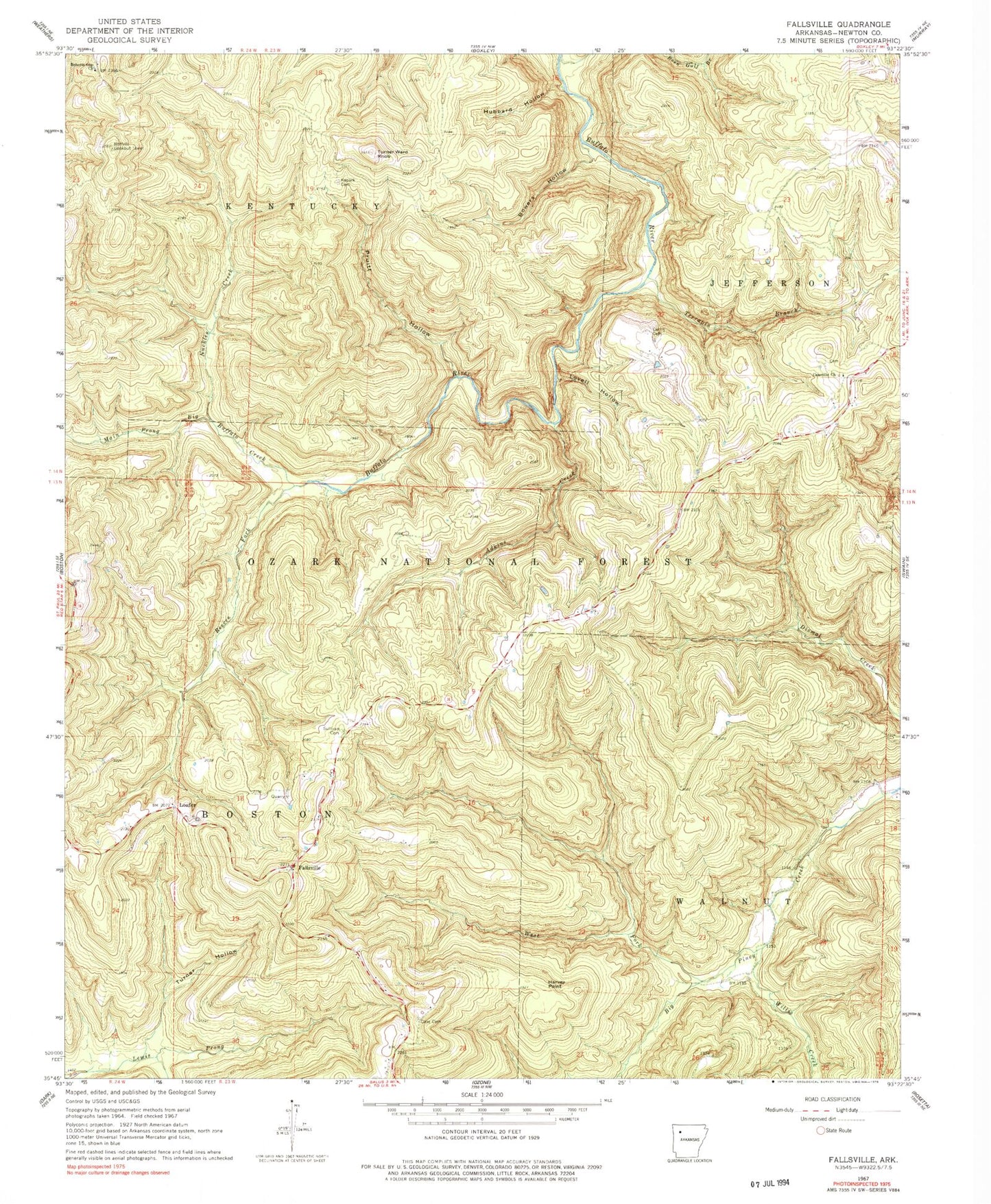 Classic USGS Fallsville Arkansas 7.5'x7.5' Topo Map Image