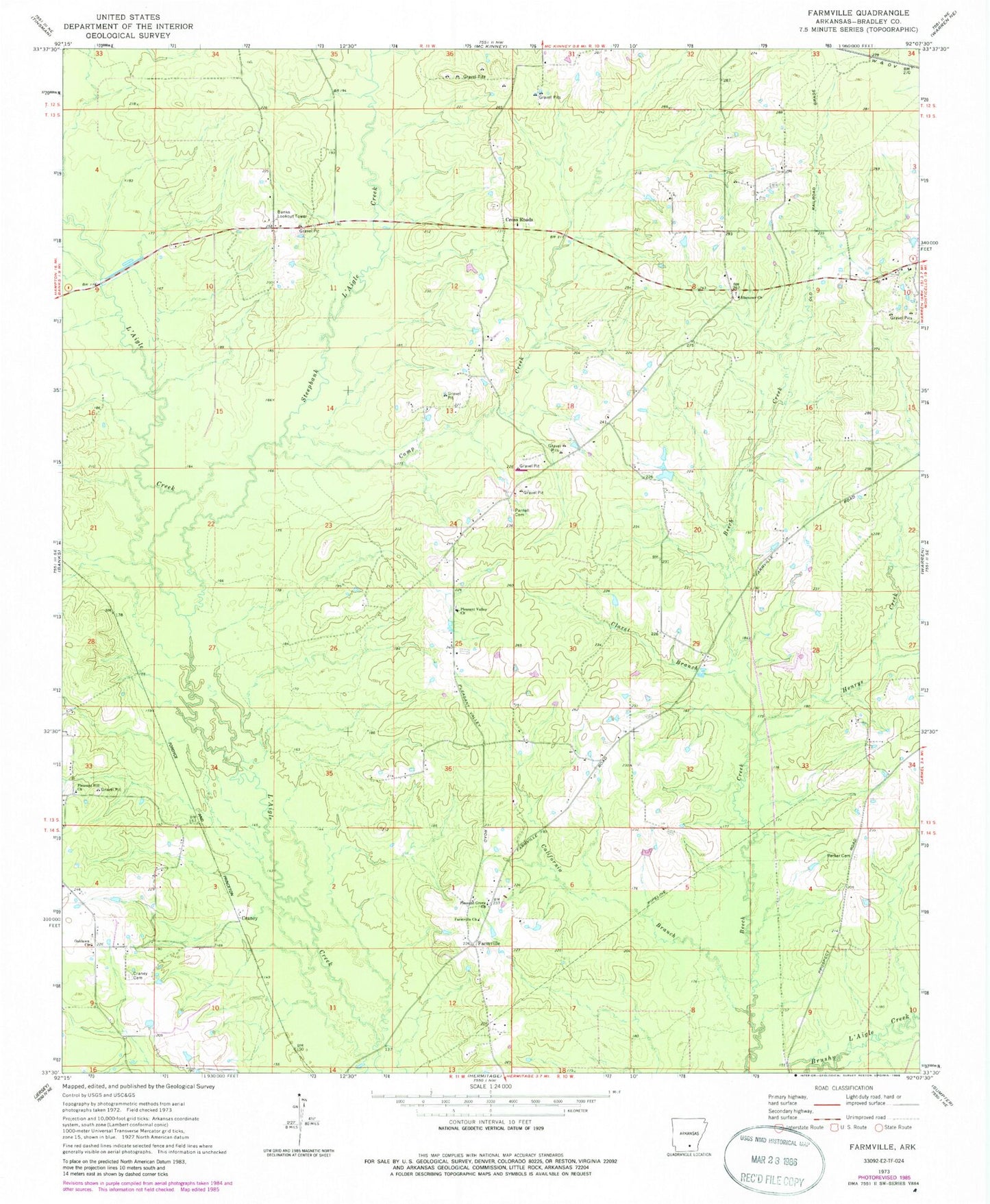 Classic USGS Farmville Arkansas 7.5'x7.5' Topo Map Image