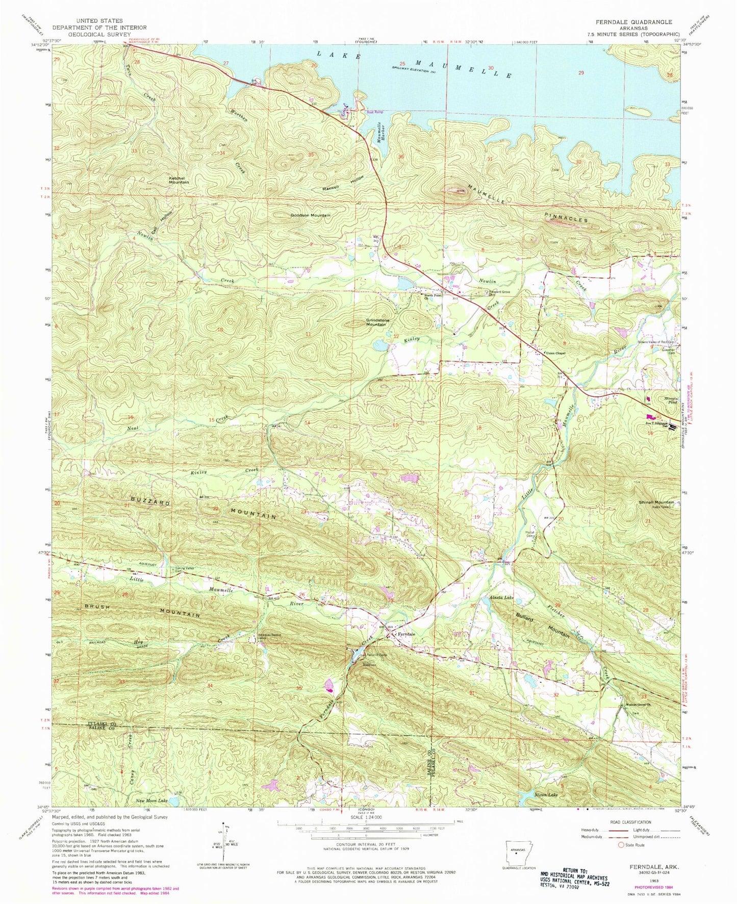 Classic USGS Ferndale Arkansas 7.5'x7.5' Topo Map Image