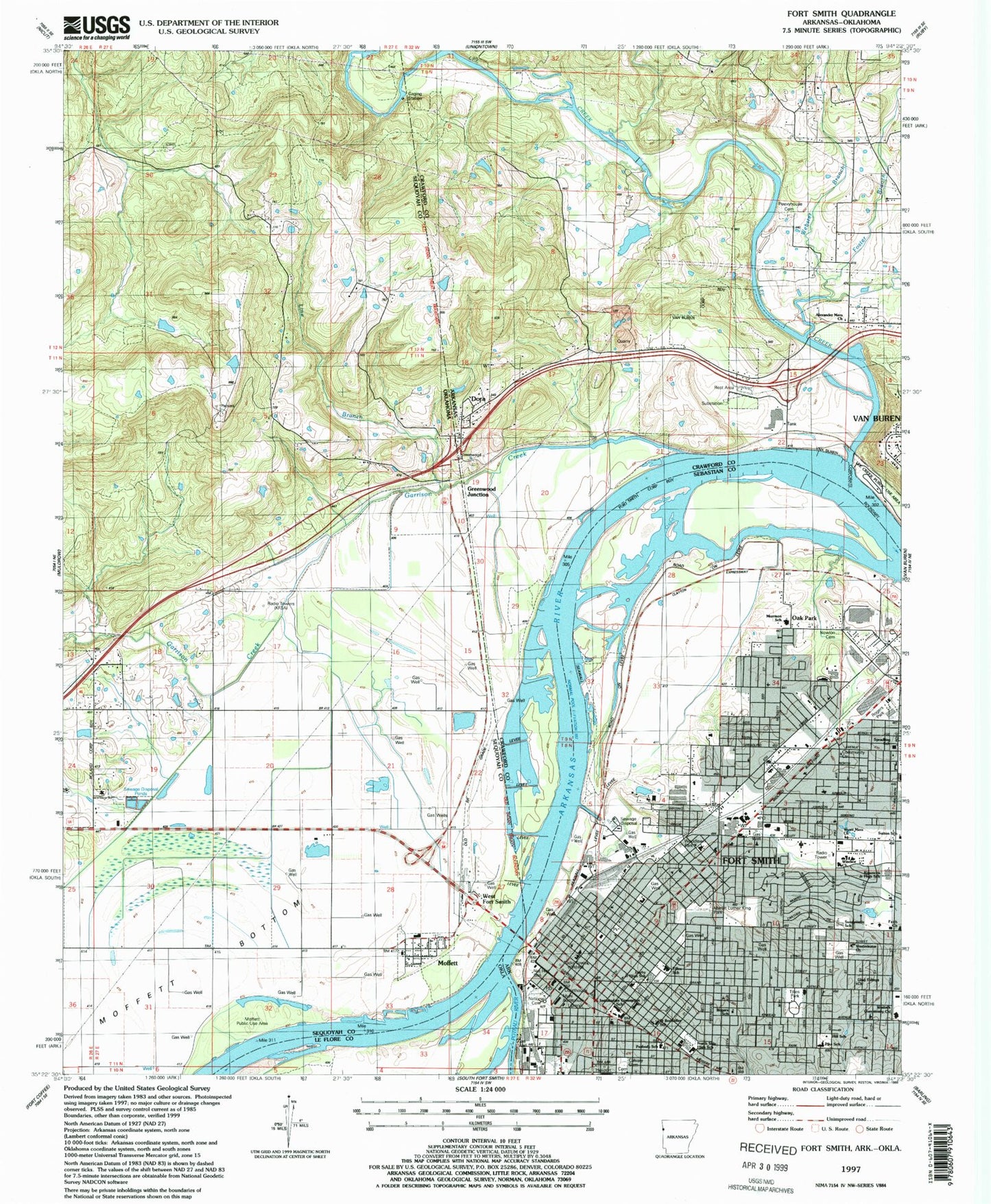 Classic USGS Fort Smith Arkansas 7.5'x7.5' Topo Map Image